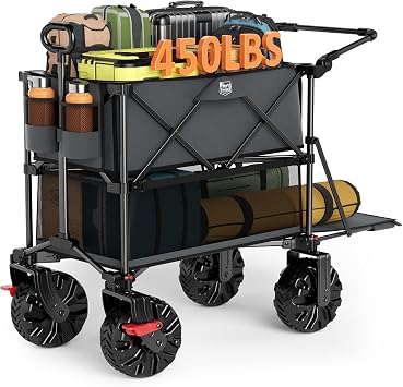 TIMBER RIDGE Push & Pull Double Decker Wagon, 400L Large Capacity Heavy Duty & 450lb Load, Collapsible Cart with All-Terrain Wheels & Brakes, 54 Extended Foldable for Sports, Beach, Camping, Grey