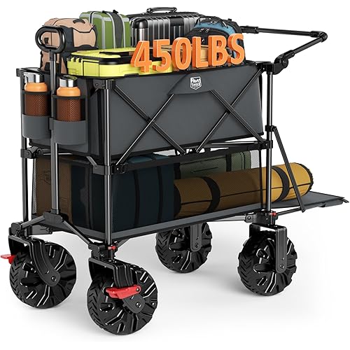 TIMBER RIDGE Push & Pull Double Decker Wagon, 400L Large Capacity Heavy Duty & 450lb Load, Collapsible Cart with All-Terrain Wheels & Brakes, 54” Extended Foldable for Sports, Beach, Camping, Grey