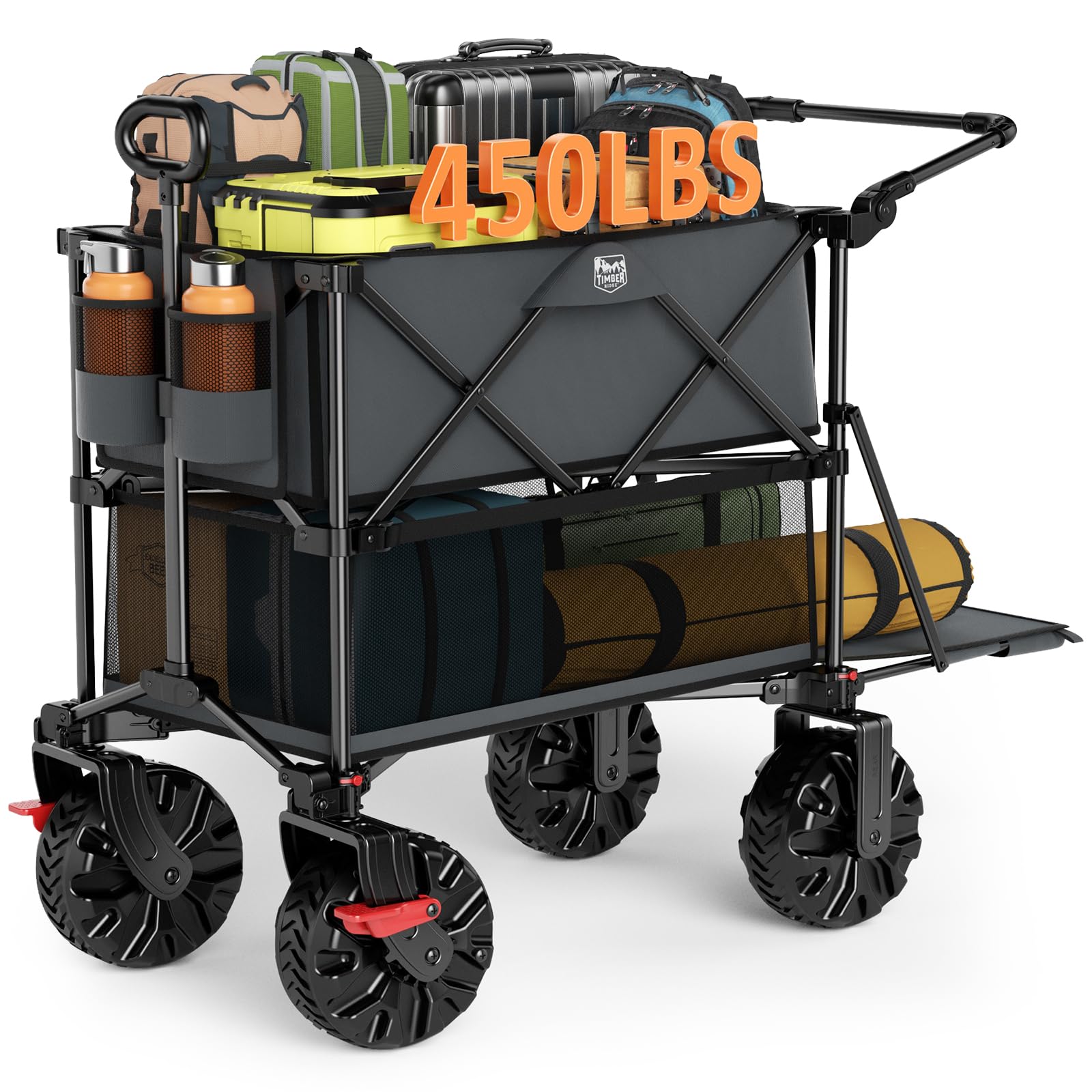 Photo 1 of TIMBER RIDGE Push & Pull Double Decker Wagon, 400L Large Capacity Heavy Duty & 450lb Load, Collapsible Cart with All-Terrain Wheels & Brakes, 54” Extended Foldable for Sports, Beach, Camping, Grey
