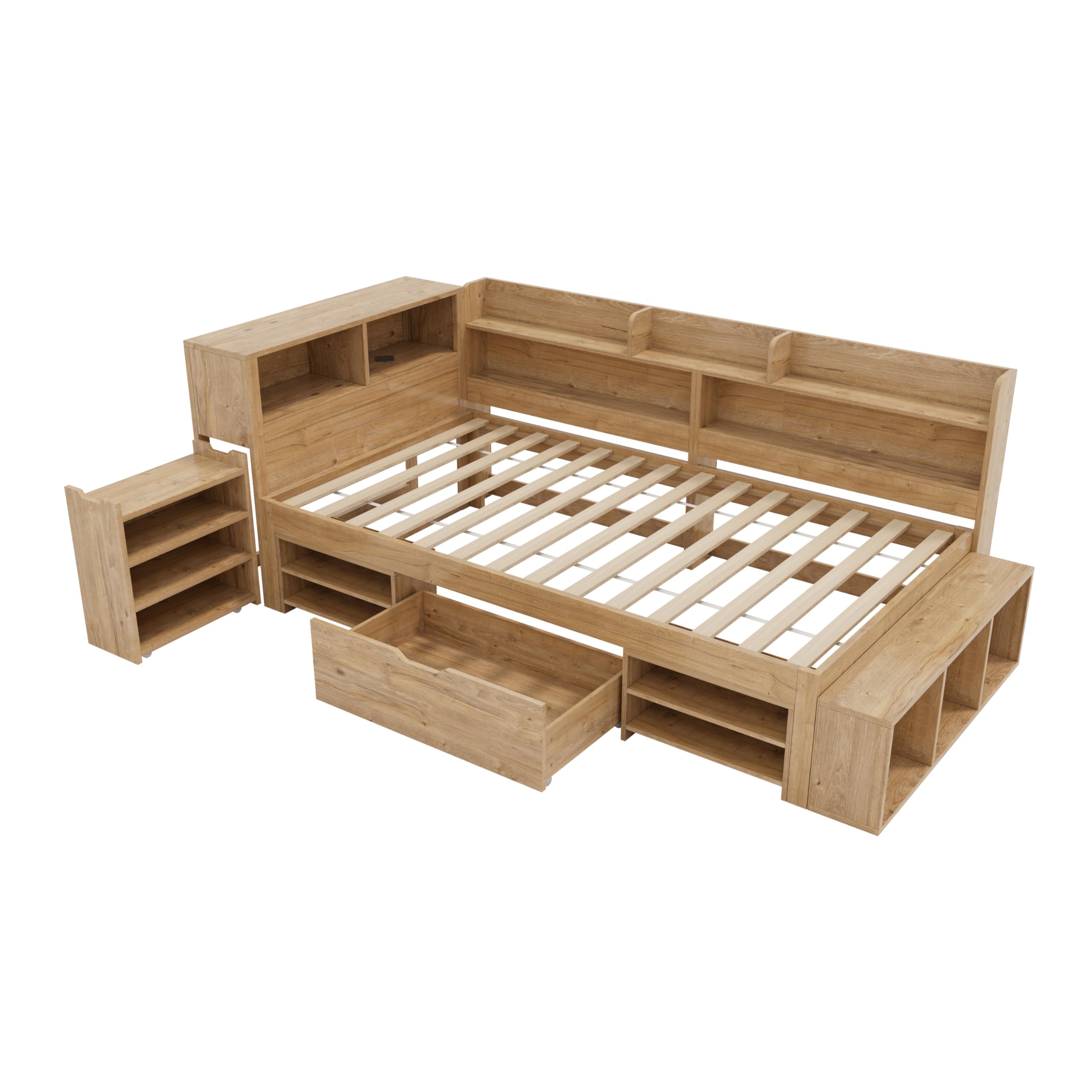 Mrwoo Cama Infantil 90x200cm con Espacio de Almacenamiento, Litera con Estantes y Armarios, Natural (Colchón no Incluido)