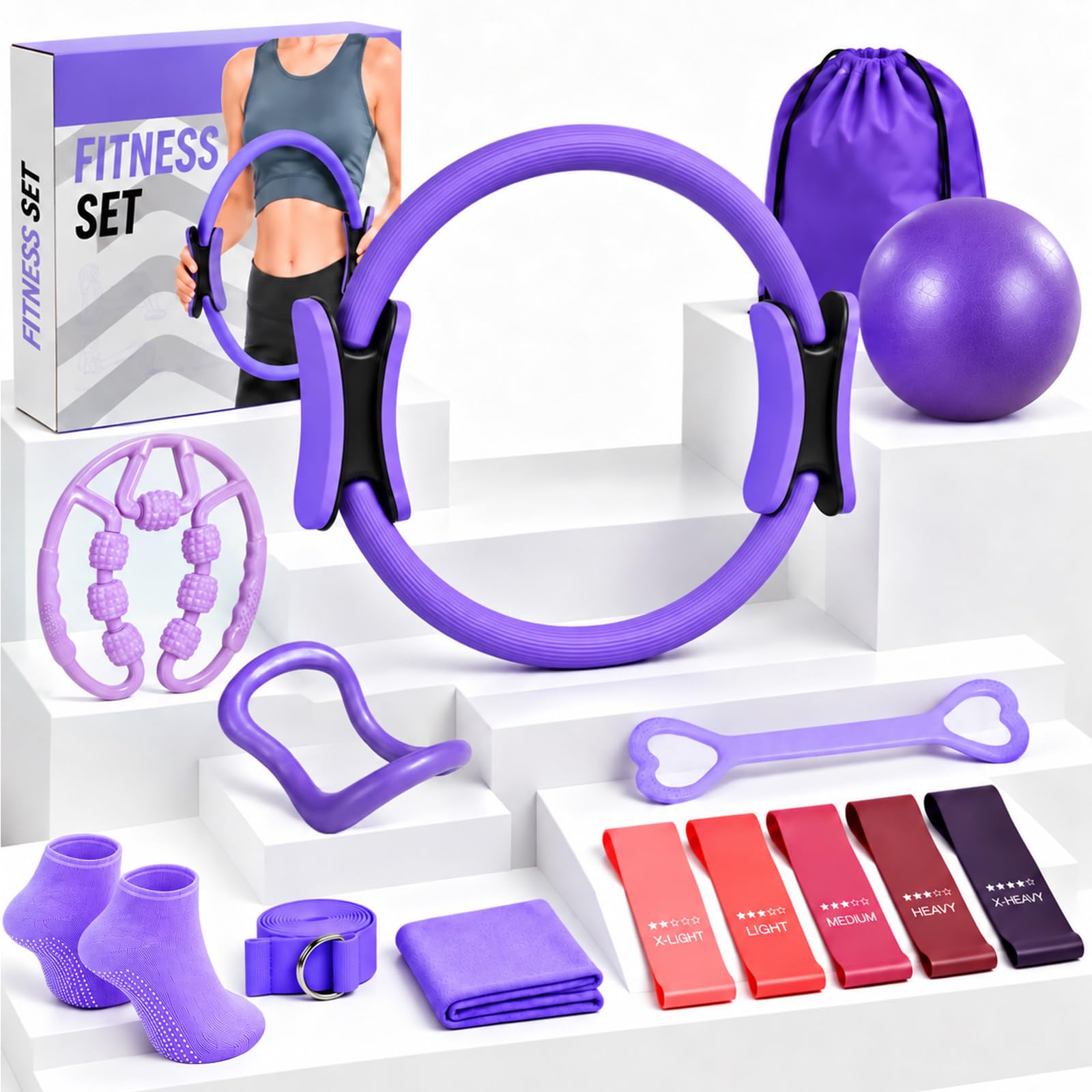 Dr. HomLab Pilates Set für Frauen, Pilates Ring mit 5 Widerstandsbändern, Pilates Ring Set für Zuhause, Pilates Trainingsset für Ganzkörpertraining‑Pilates Ball, Faszienrolle, 8er‑Zugband, Dehnband