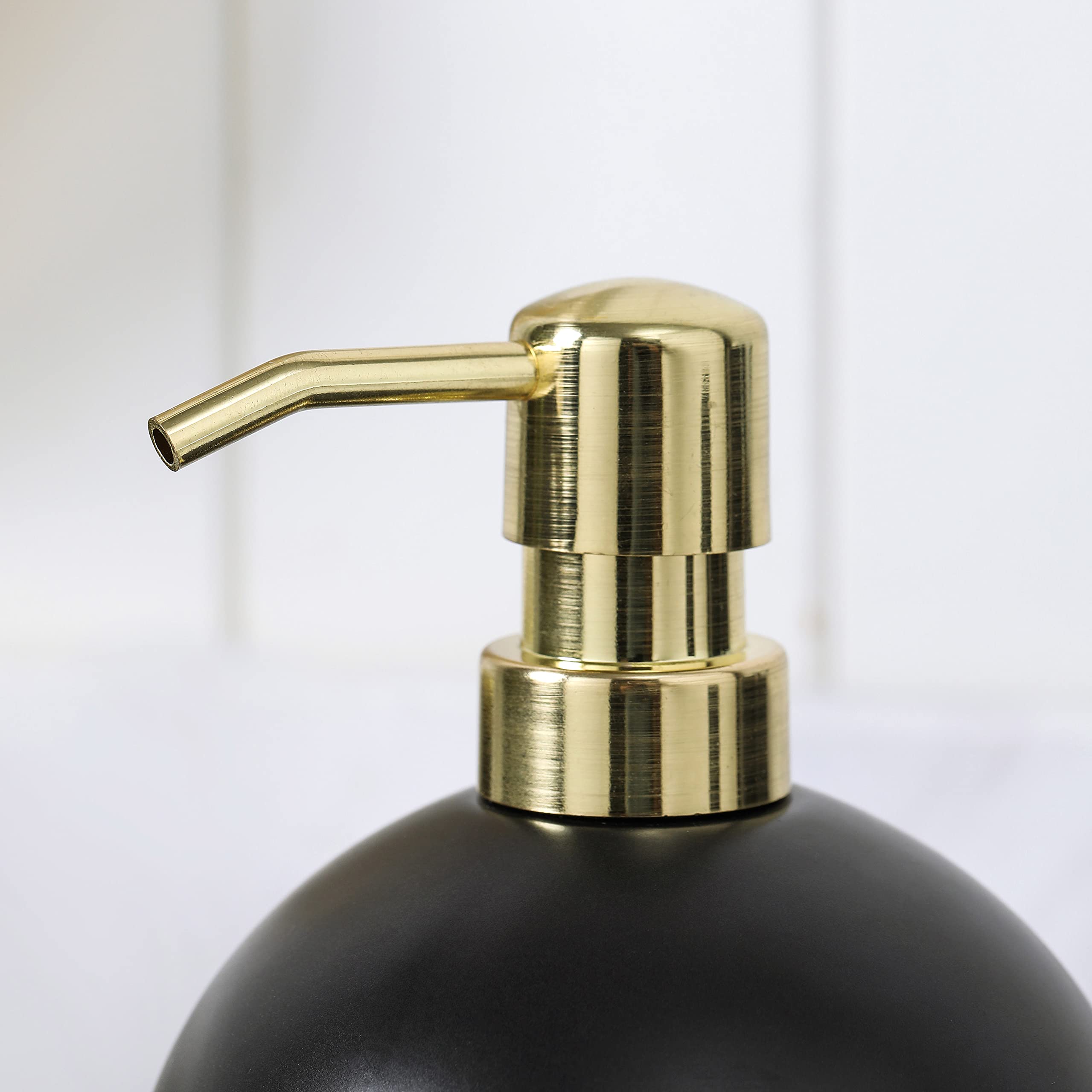 Motifeur Bathroom Accessories Set, 5-Piece Ceramic Bath Accessory Complete Set with Lotion Dispenser/Soap Pump, Cotton Jar, Vanity Tray, Tumbler and Toothbrush Holder (Black and Gold)