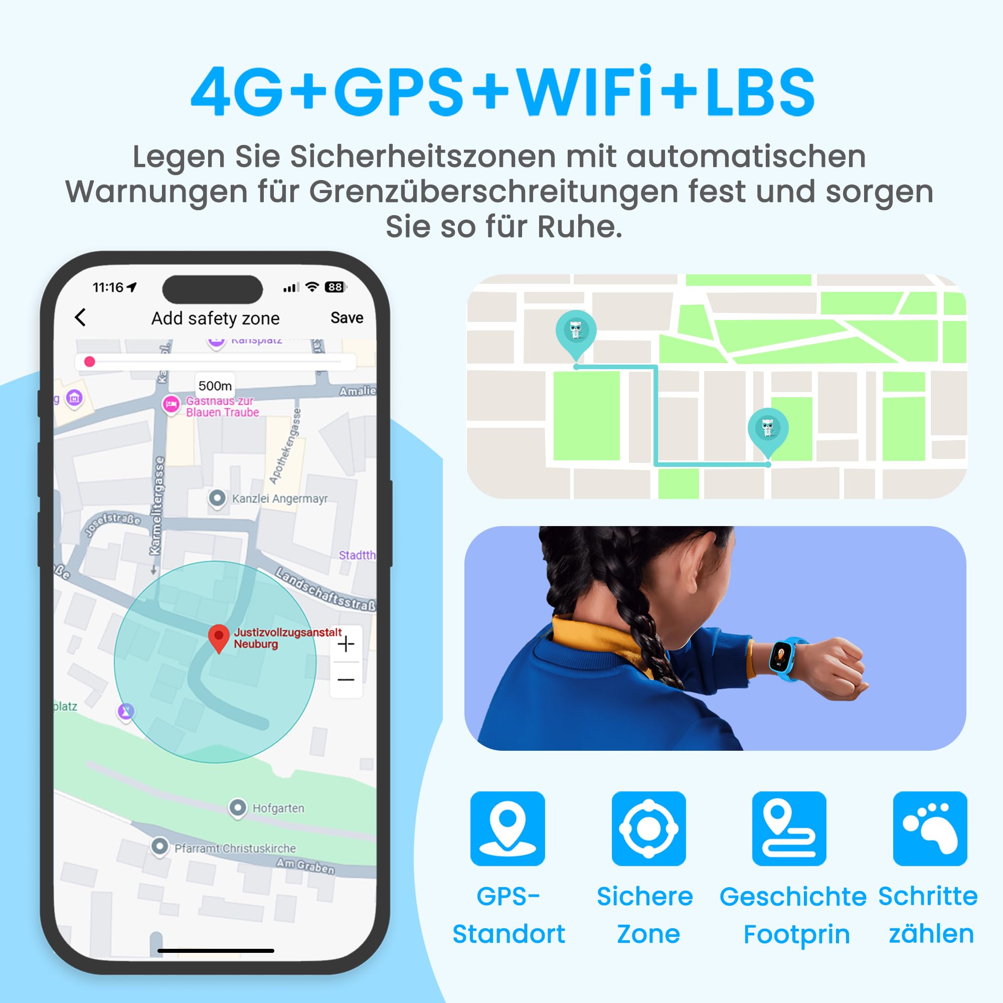 K3 4G Smartwatch Kinder mit GPS und Telefon, GPS Tracker kindr in Zwei austauschbaren Farben, Armbanduhr Kinder Junge mit Video Phone Call, Schulmodus, SOS-Funktion(Blau und Schwarz)