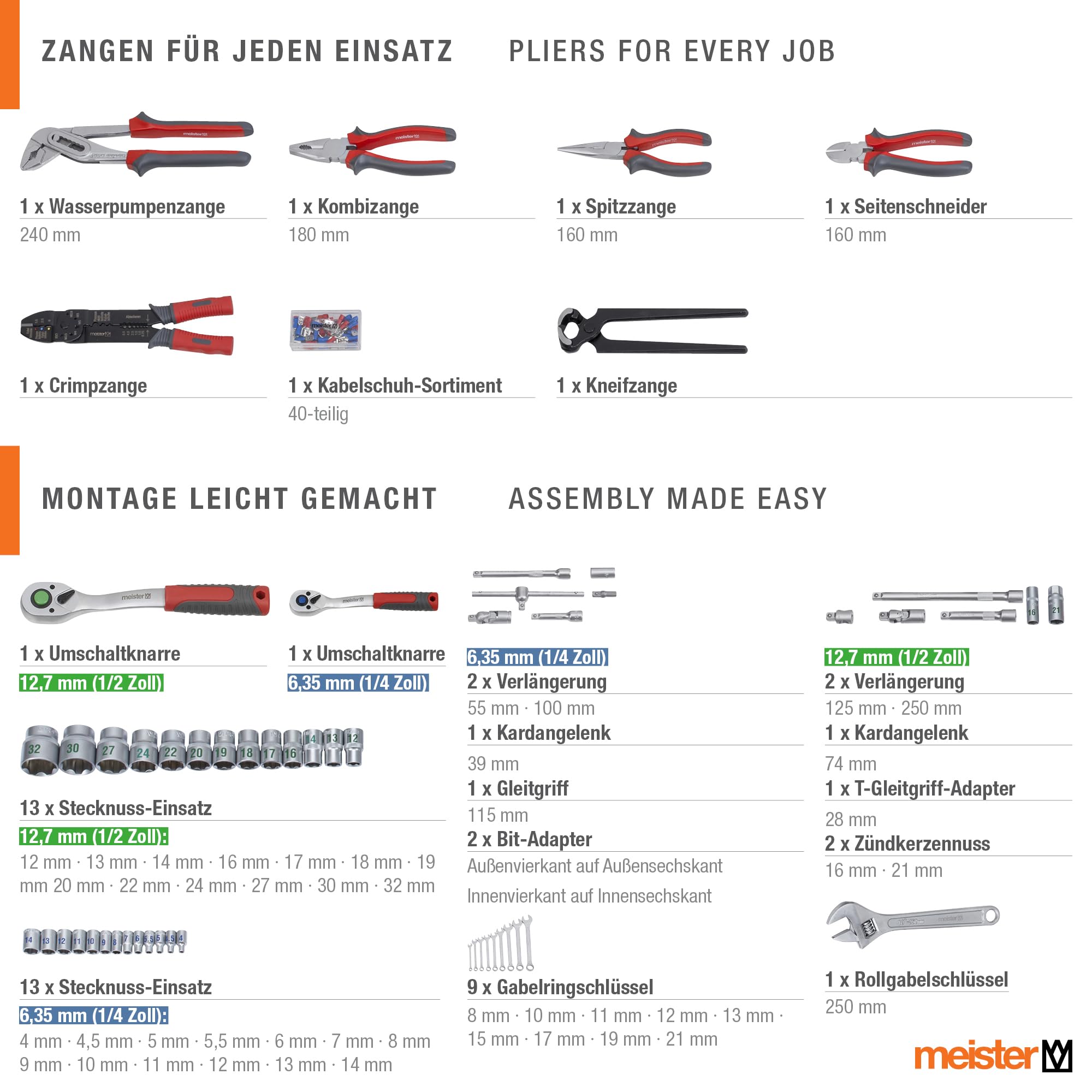 Meister Chariot à outils 230 pièces - Kit d'outils - Avec roulettes - Poignée télescopique/Mallette à outils professionnelle remplie/Caisse à outils mobile sur roulettes/Boîte à outils complète