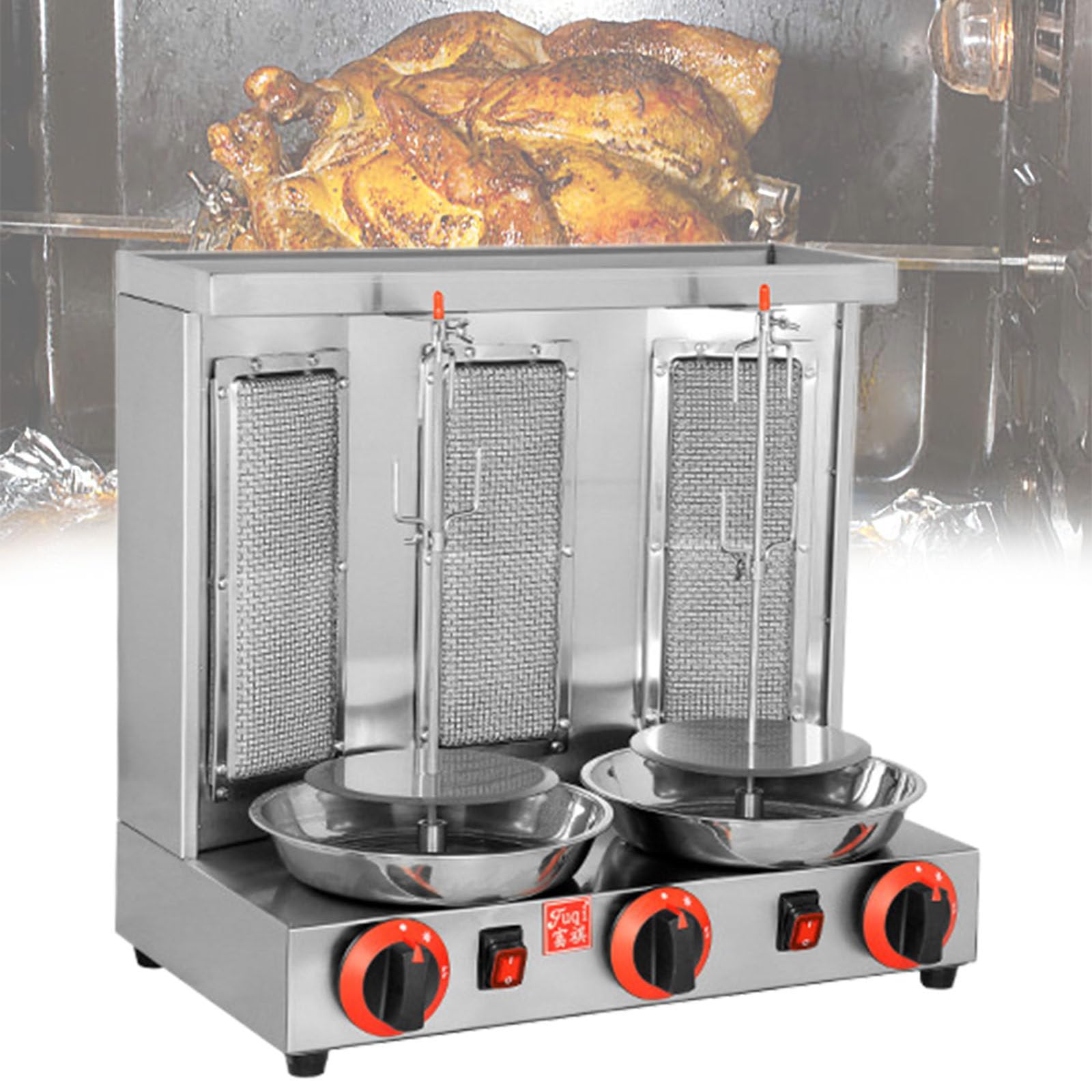 Máquina de Parrilla, Máquina de Kebab Doner de Gas GLP, Parrillas Giratorias, Parrilla Vertical Pastor, para Pollo Asado, Asado de Pavo, Tacos, Asado, Carne de Res,Three
