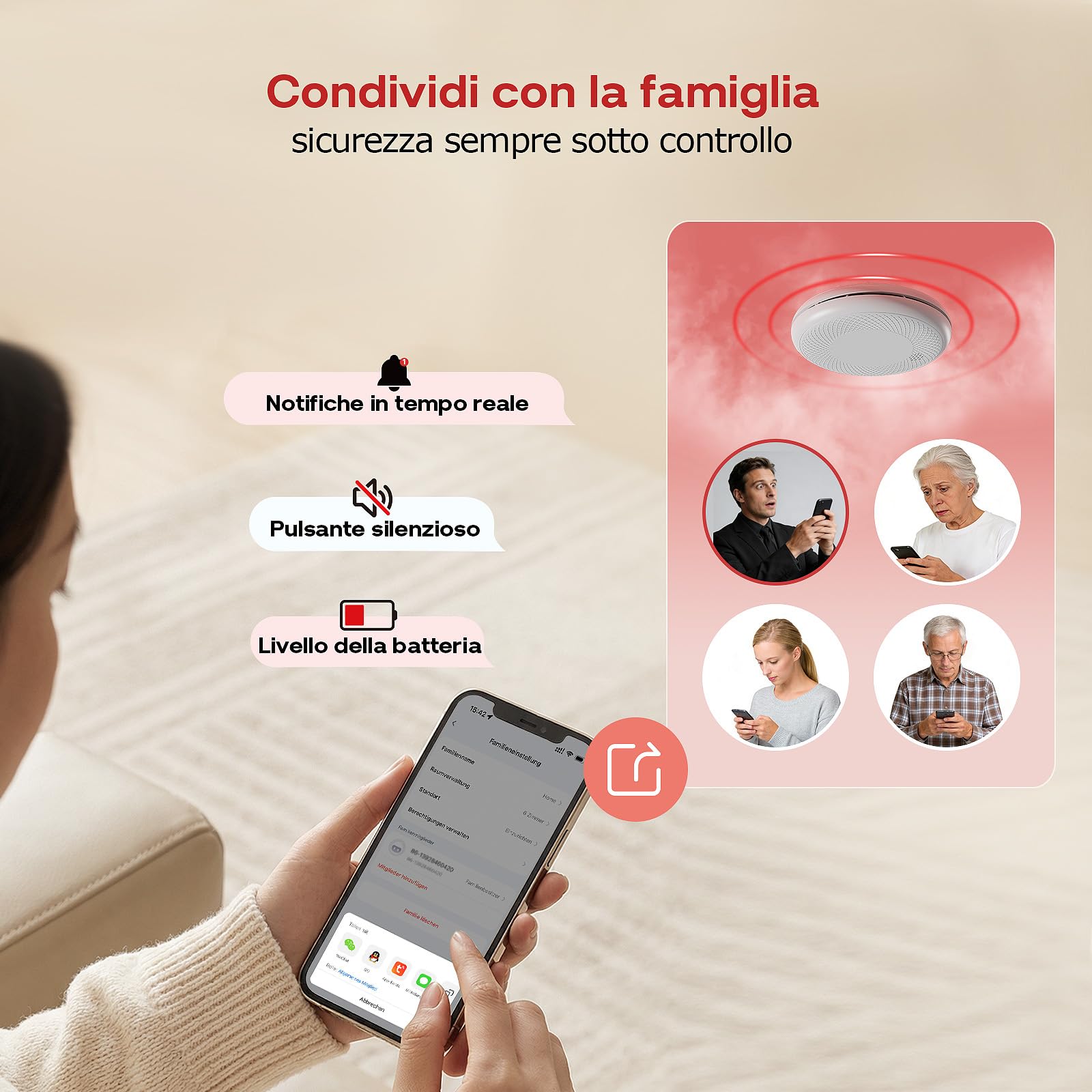 Safeliveo Rilevatore di fumo WiFi con batteria da 10 anni, notifiche tramite app e auto-test, allarme antincendio intelligente compatibile con Tuya & Smart Life, 3 pezzo