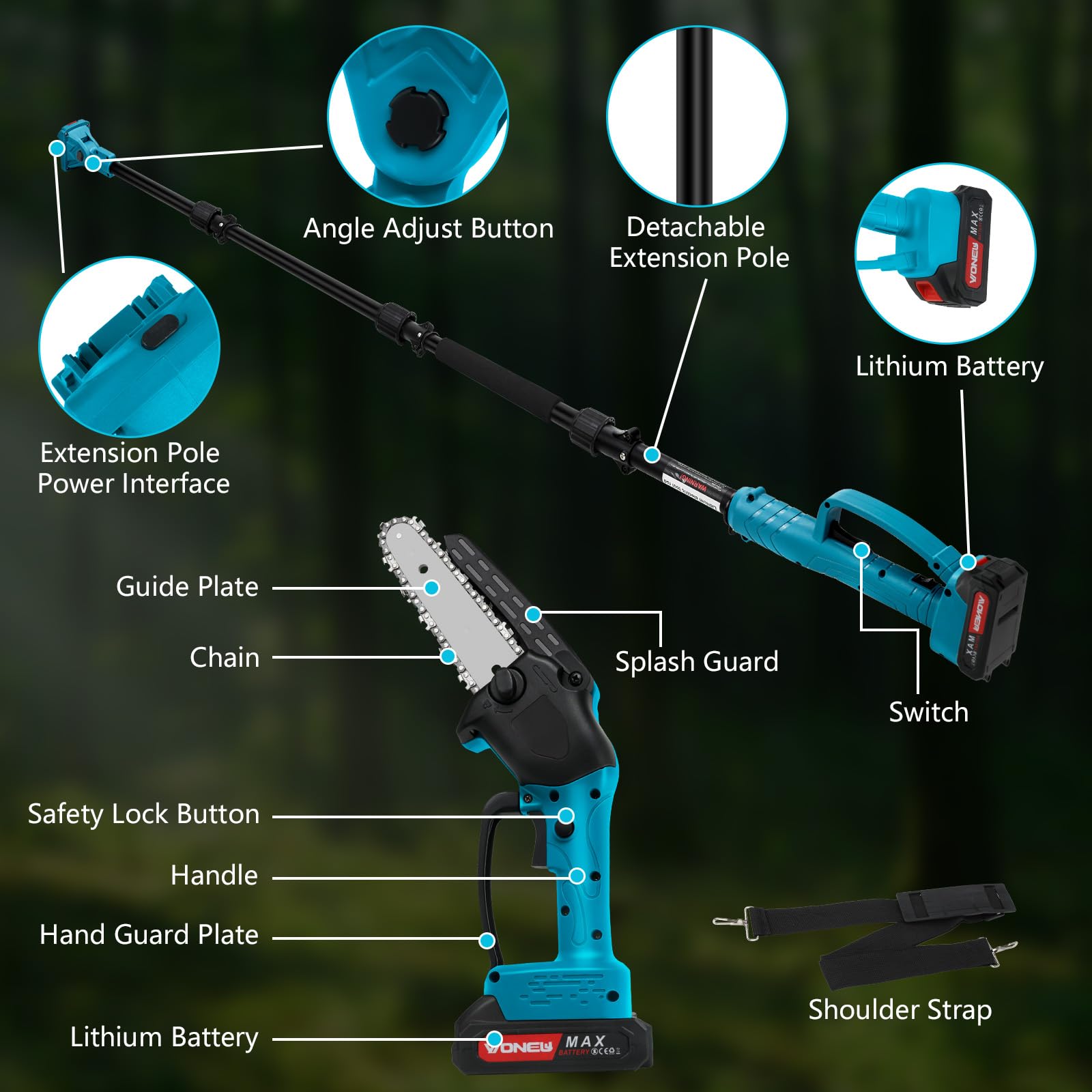 2 in 1 Akku Hochentaster, 6 Zoll Mini Astsäge Akku Astschere mit 2X 4,0Ah Akku, Bürstenlose Teleskop Kettensäge für Makita 18V Akku, Geeignet für den Baumpflege