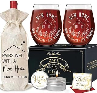 Housewarming Wine Glass Gifts for Couple, Stemless Wine Glasses Bottle Bag Candle Set for New Apartment, Blessing gifts for Women, Men, Couple, First Time Home Buyers, Homeowners, Family -149