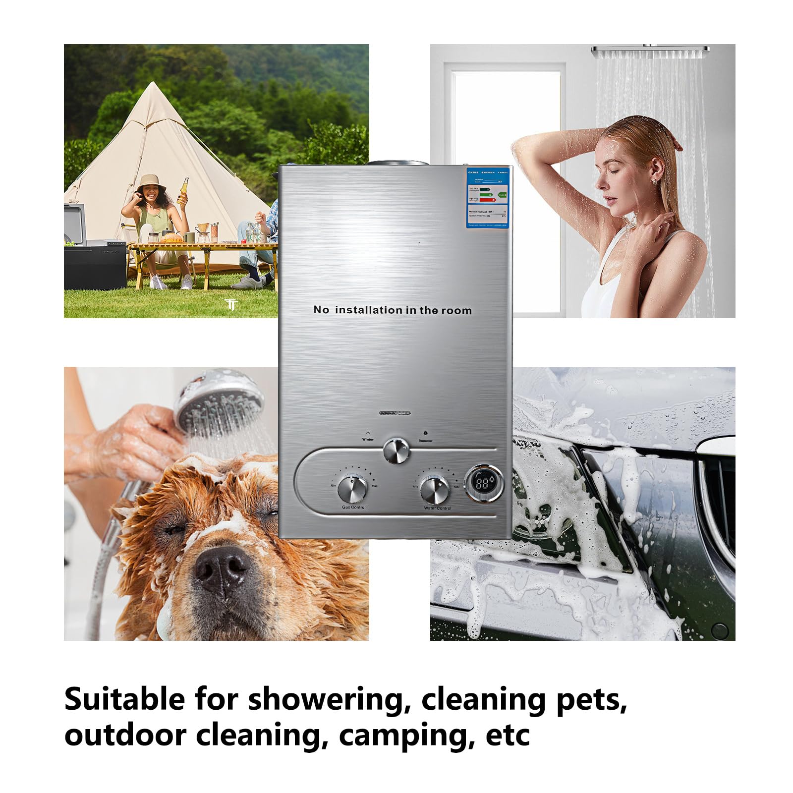 Chauffe-eau à Gaz 12LPM, Chauffe-eau Instantané au Gaz Propane GPL 6L avec Kit de douche, Modes Hiver Et éTé, Protection Contre La Surchauffe, pour brûleur de chaudière pour Camping, Maison (6L 12kw)
