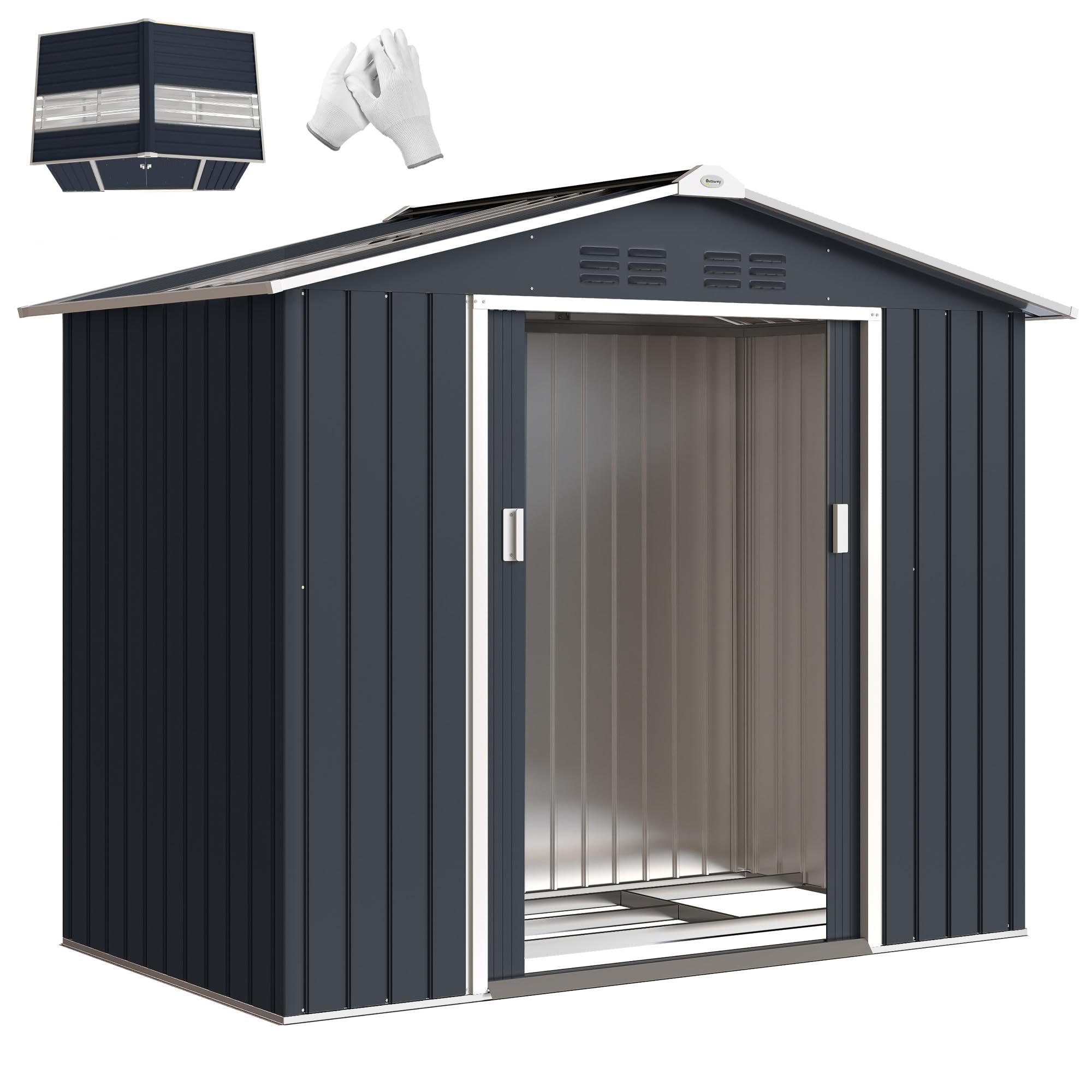 Outsunny Casetta da Giardino 2.42m² in Acciaio Zincato con Prese d'Aria e Kit Fondazione, Capanno da Giardino con Lucernario, Doppia Porta Scorrevole Bloccabile, Tetto Inclinato, Grigio Scuro