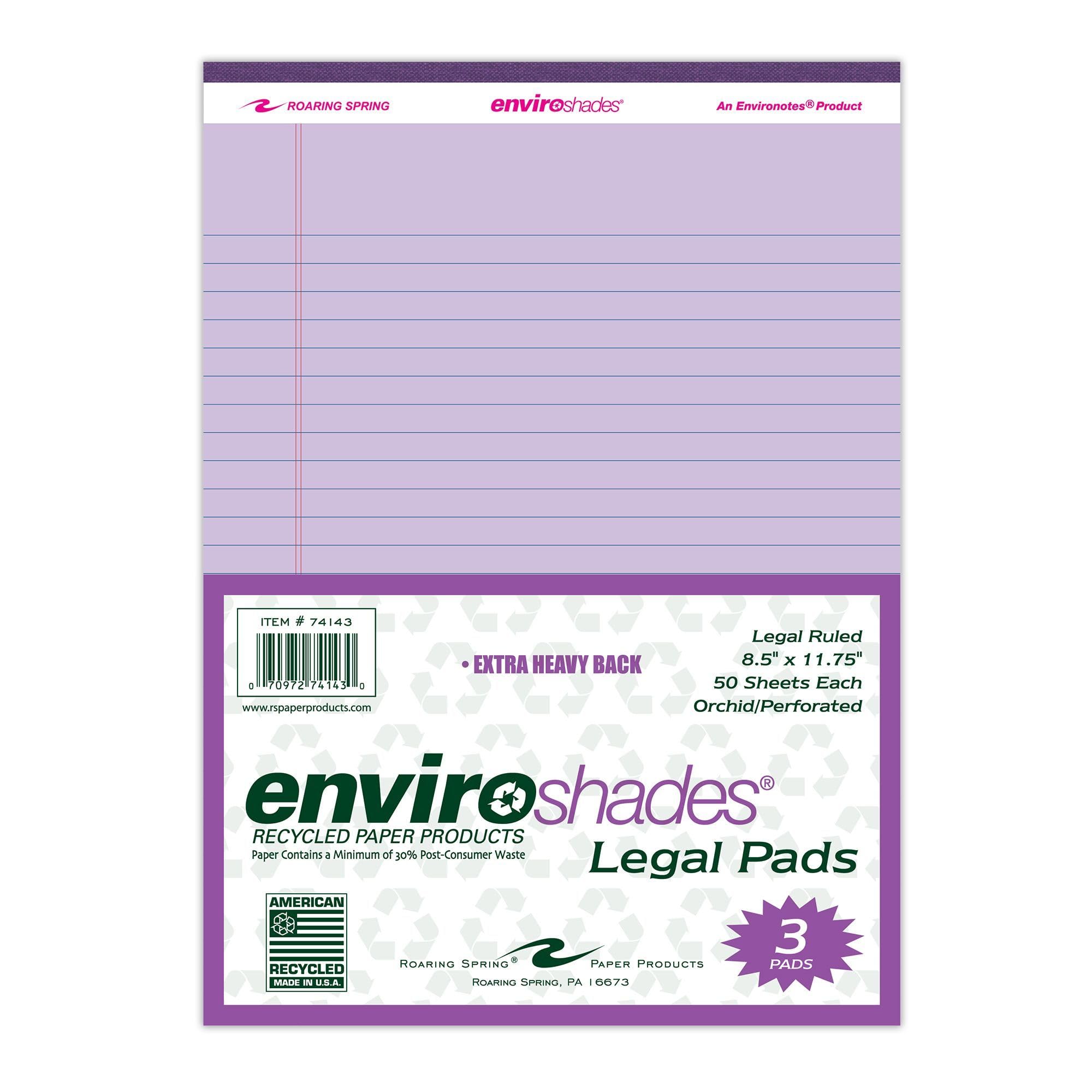 ROARING SPRING Enviroshades Recycled Colored Legal Pads, Orchid, 3 Pack, 8.5" x 11", Legal Ruled, 50 Sheets Per Pad, 15 lb Perforated Paper, Made in USA