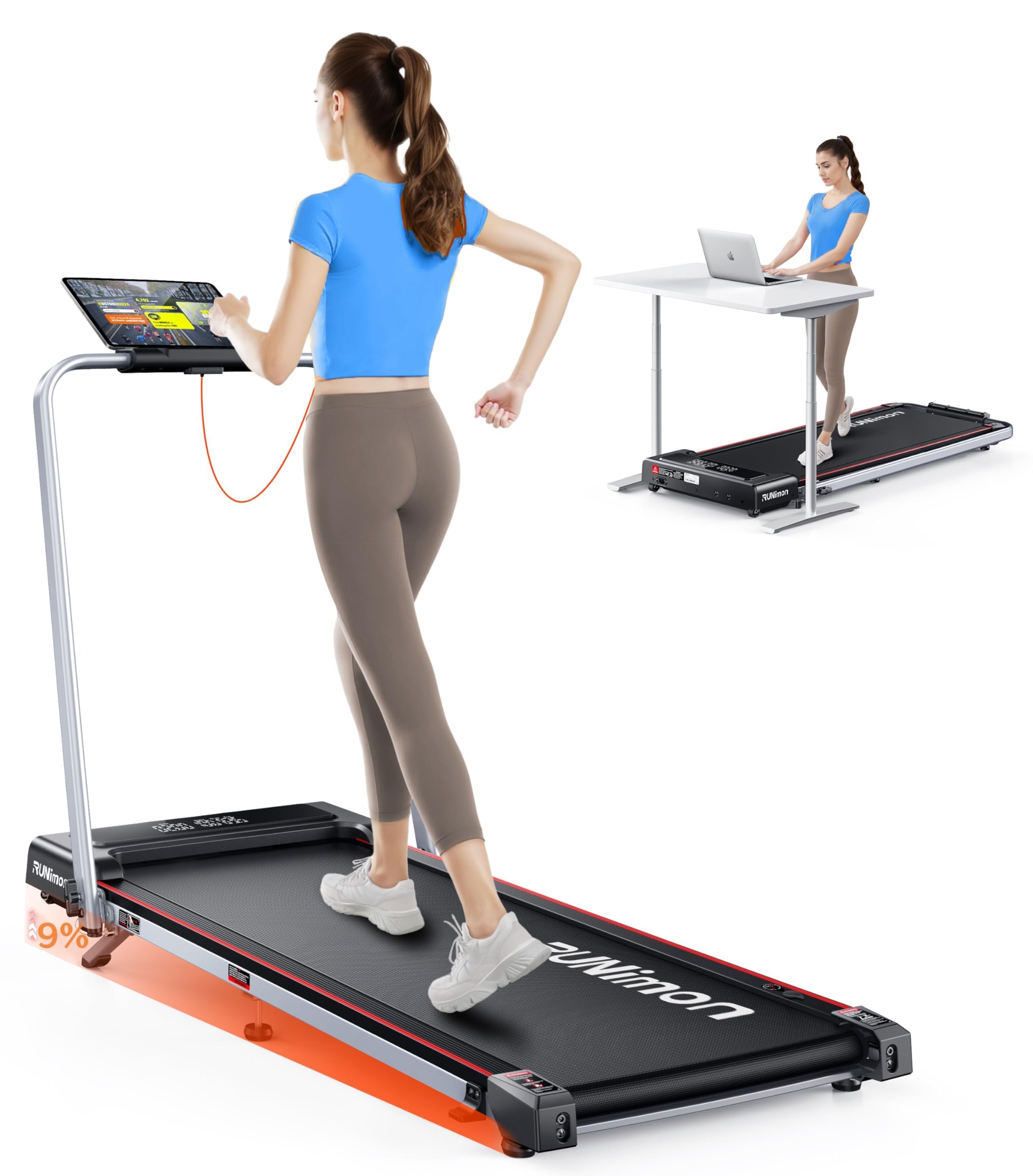 Cinta de Correr 6 en 1 con Inclinación,Walking Pad de hasta 12 km/h con Pendiente del 9%,Cinta de Correr Plegable de 2,5 HP para Oficina,Doble Pantalla LED,Capacidad de 120 kg