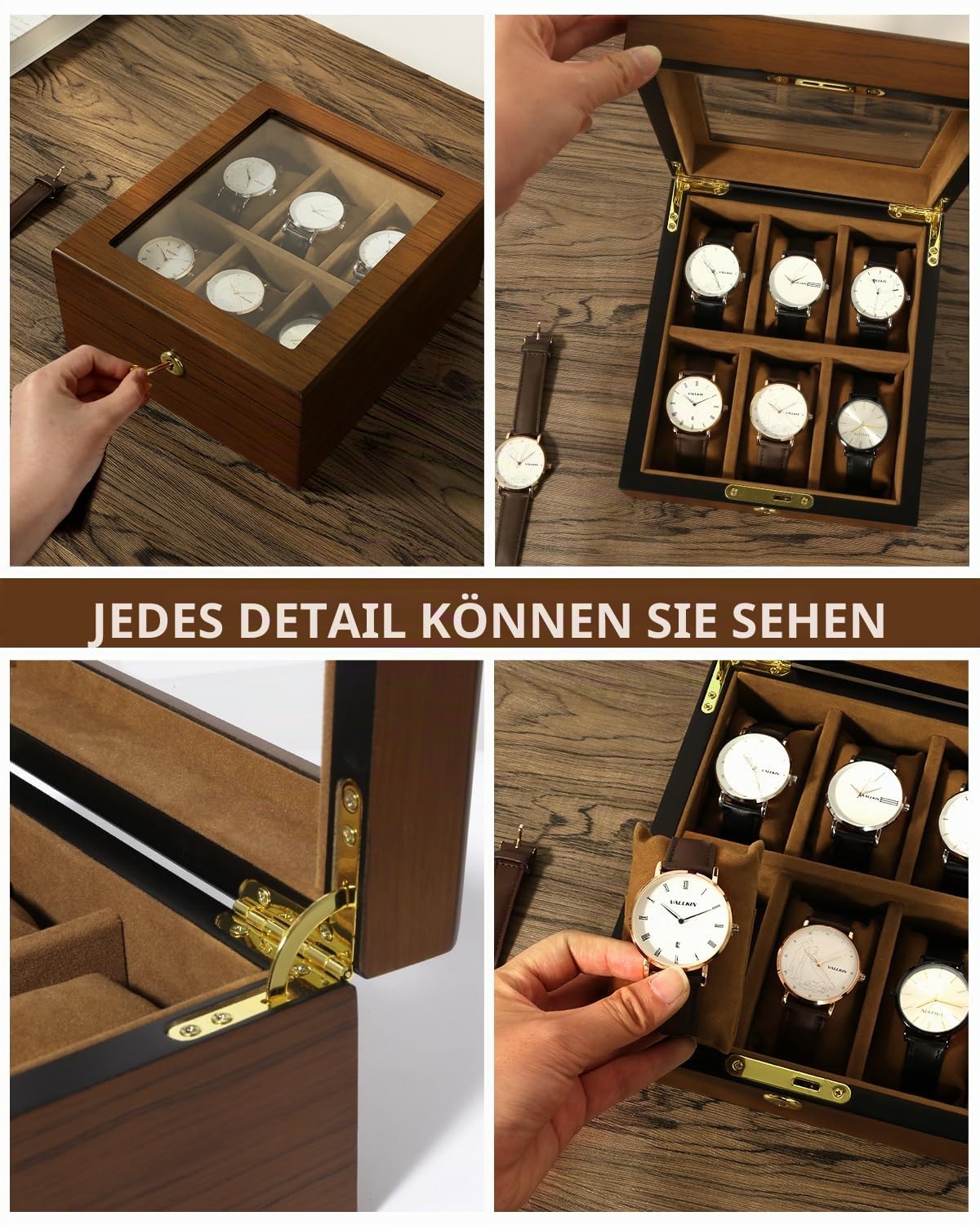 Uten Uhrenbox Holz für 6 Uhren, Uhrenkasten mit Schlüssel,Weiche Kissen & goldenes Schloss, Große Kapazität, Uhrenkoffer als Geschenkidee für Herren und Damen