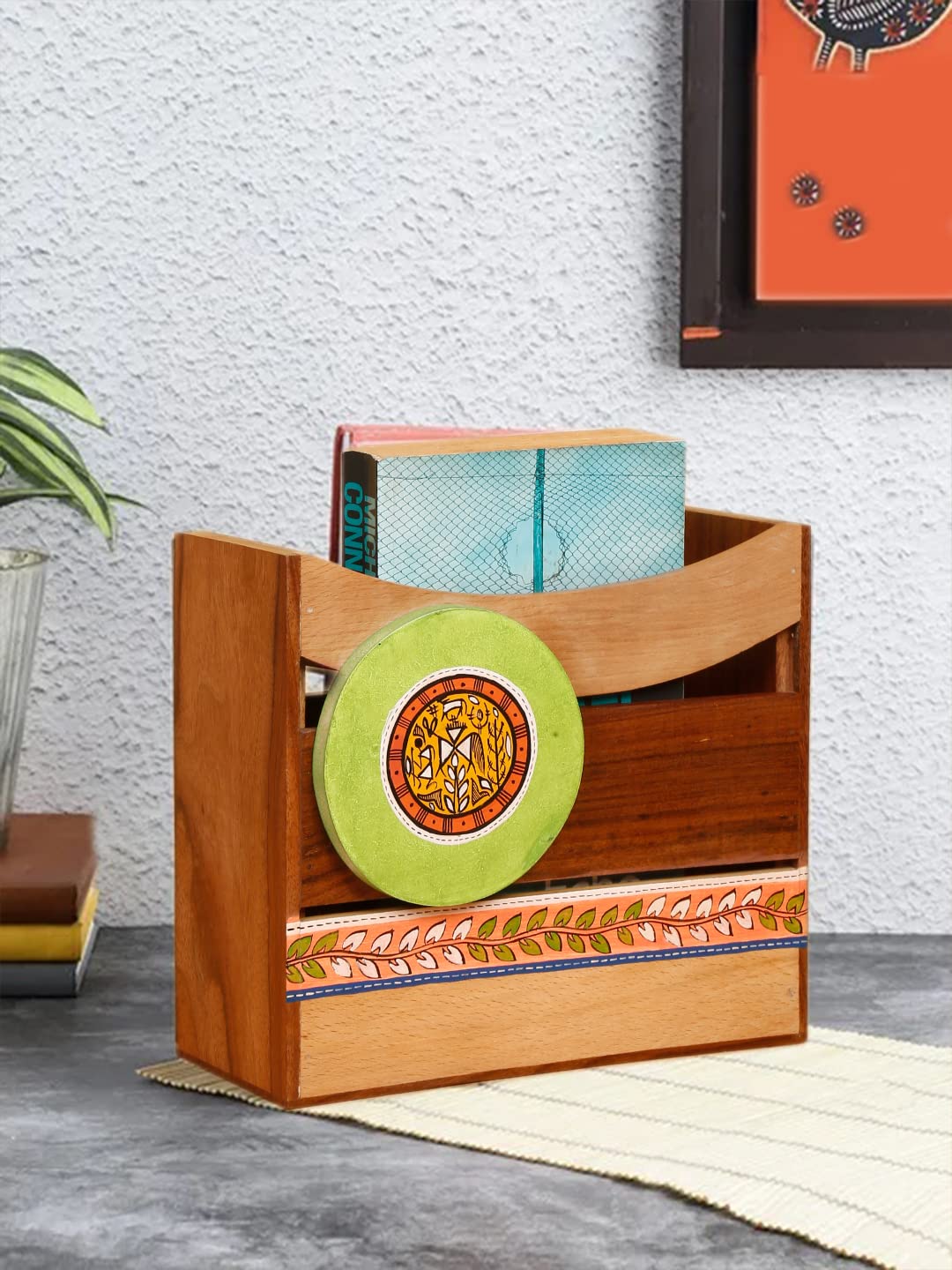Shilpkara 'Madhubani Leaf Motifs' Handpainted Table Magazine Stand For Office Desk In Mango Wood -Magazine Holder For Living Room Study Table Wooden Newspaper Stand For Home Magazine Storage Organizer-image-18