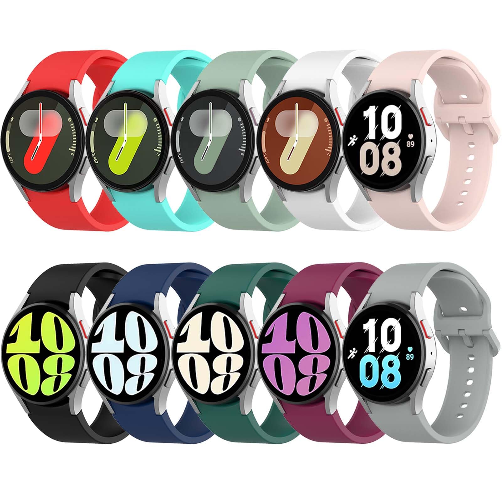 10 Pack Bands Compatible with Samsung Galaxy Watch 4 5 6 7 40mm 44mm, Galaxy Watch 4 6 Classic, Galaxy Watch 5 Pro, 20mm Sport Silicone Watch Band