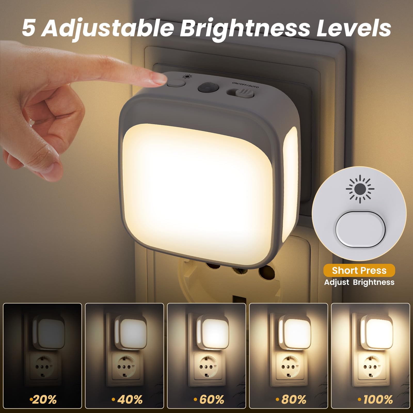 [2 Pezzi] Luce Notturna Bambini, Luce Notturna da Presa con Sensore Crepuscolare Auto, Luminosità Regolabile, Luci Notturne da Presa Bianco Caldo per Cameretta, Cucina, Corridoio, Bagno e Scale