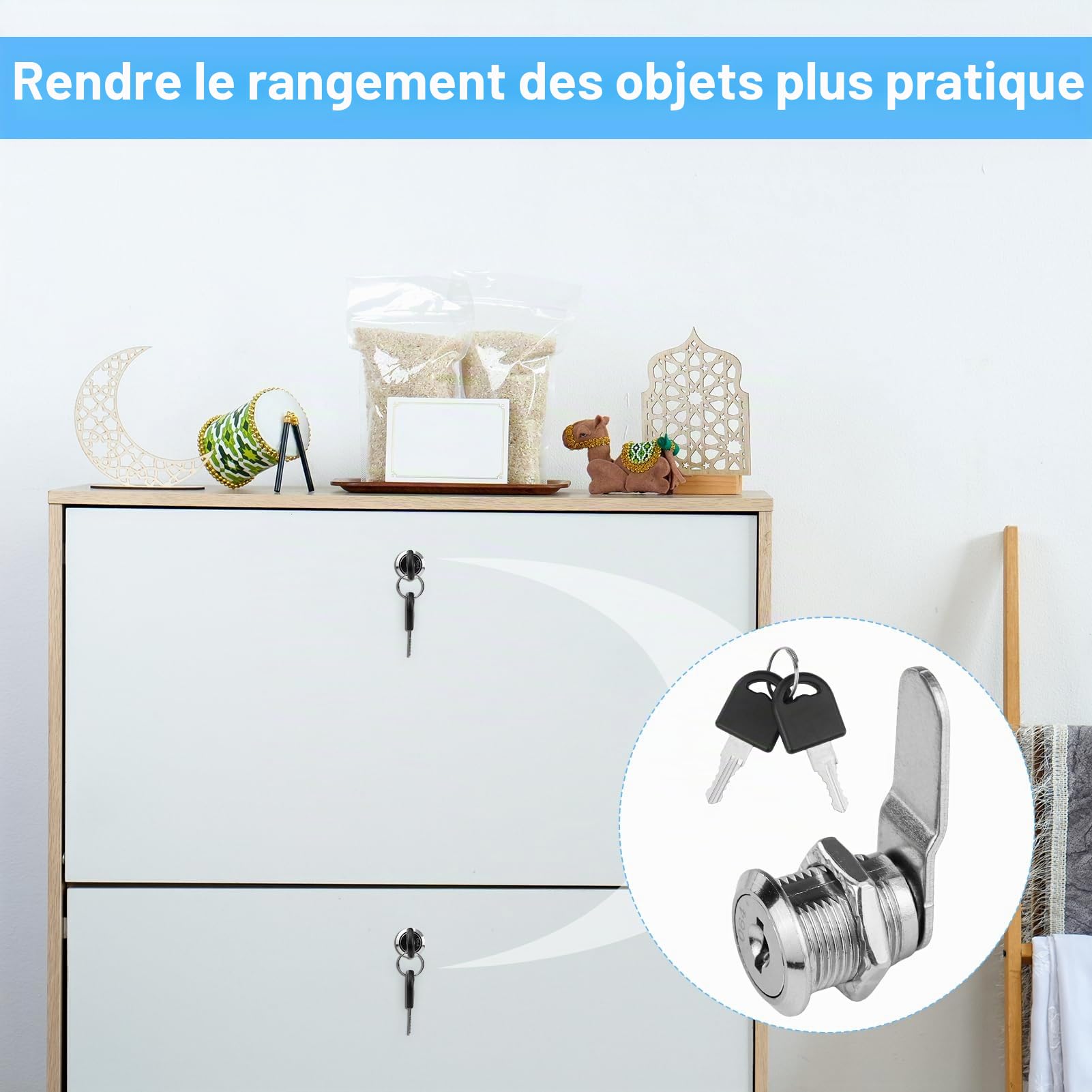 Serrure pour boîte aux lettres, serrure métallique pour armoire de 20 mm, serrure à levier pour meubles, livrée avec 4 clés et 2 plaques de serure différentes, pour armoires à dossiers, armoires