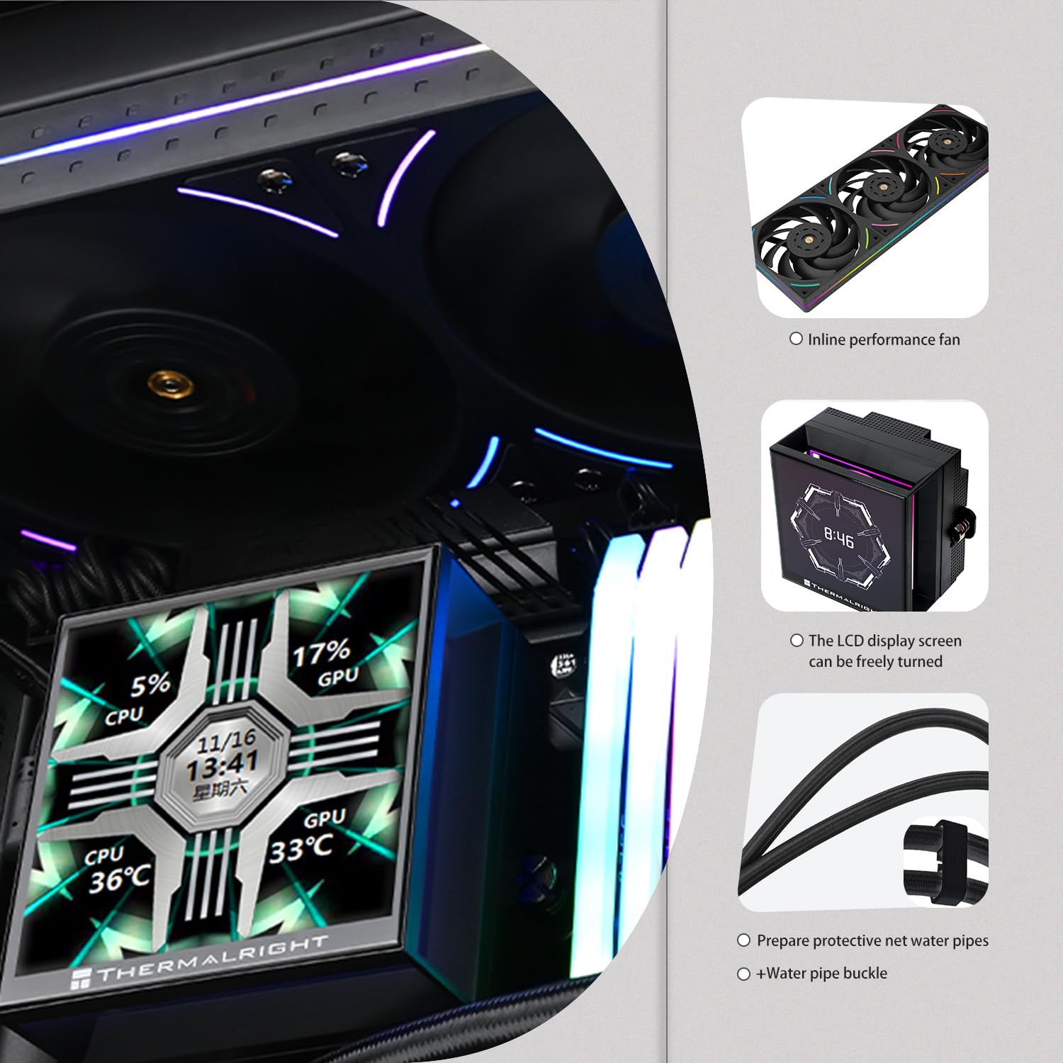 TR-Thermalright Hyper Vision 360 UB ARGB Black Liquid CPU Cooler, schermo LCD IPS da 3,95" con risoluzione 480 x 480, radiatore da 360 mm, per AM4/AM5, LGA1851/1700/115x