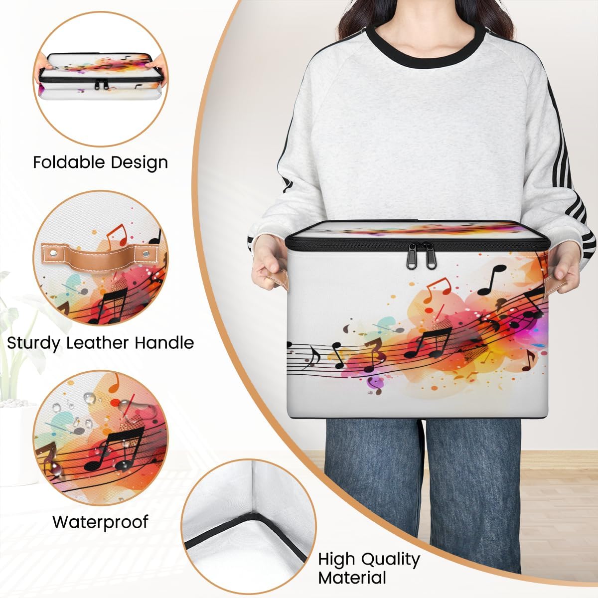 Storage Bin Set of 2 Colorful Music Notes Storage Basket with Zipper Lid & Handle Foldable Closet Shelf 2 Pack Cloth Organizer Basket Cube Bins Clothes Organizer for Bedroom, Nursery