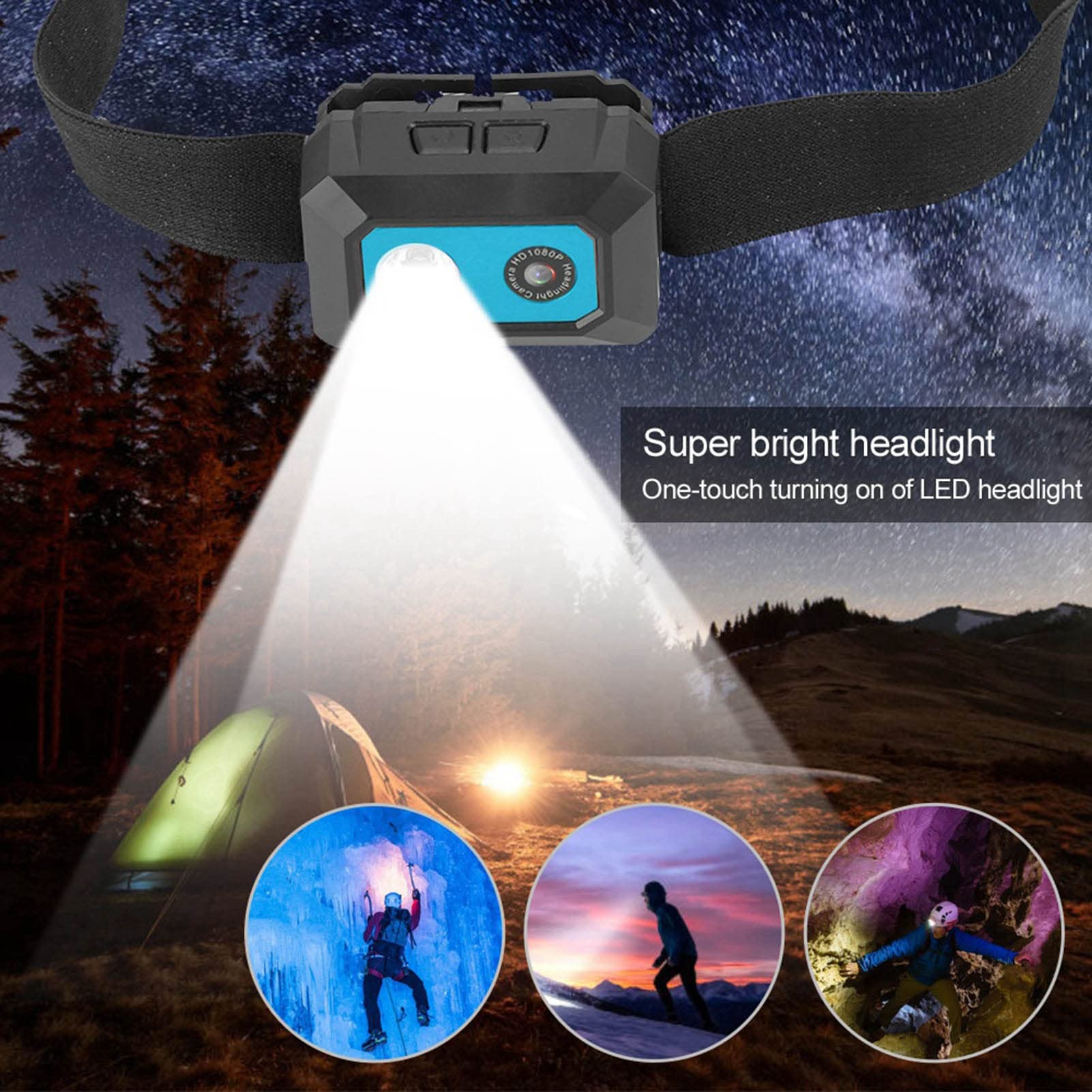 Telecamera Sportiva DV Super HD 1080P, Videocamera D'azione Montata Sulla Testa con Registratore DVR per Uso Fotografico All'aperto, in Casa e in Viaggio (Nero Blu)
