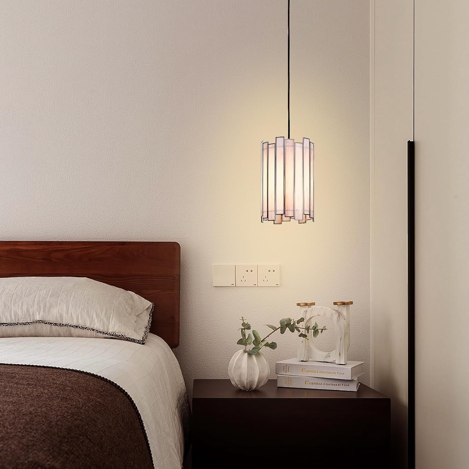 Hängelampe mit Batterie Tiffany Stil, Pendelleuchte batteriebetrieben mit Fernbedienung, 9 Farben dimmbar, Glaslampenschirm Hängeleuchte ohne Stromanschluss, perfekte Wohnraumbeleuchtung.(Gray)