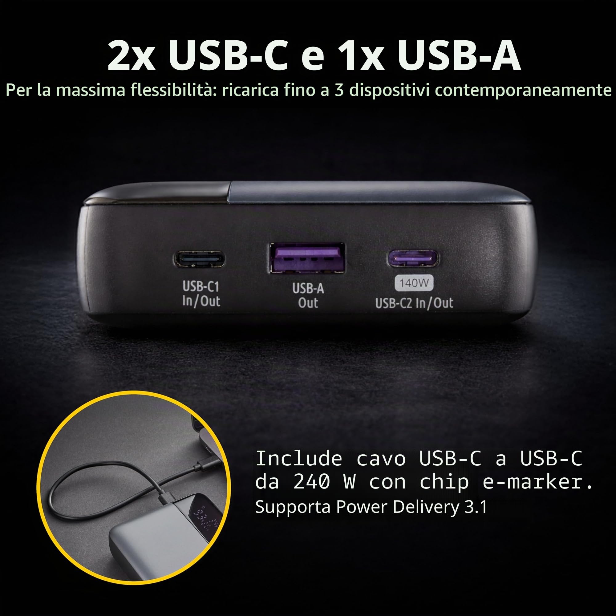 Intenso Powerbank HE25000, batteria esterna con Power Delivery (140 W) e cavo di ricarica USB-C a USB-C, 25000 mAh, colore: Grigio/Nero