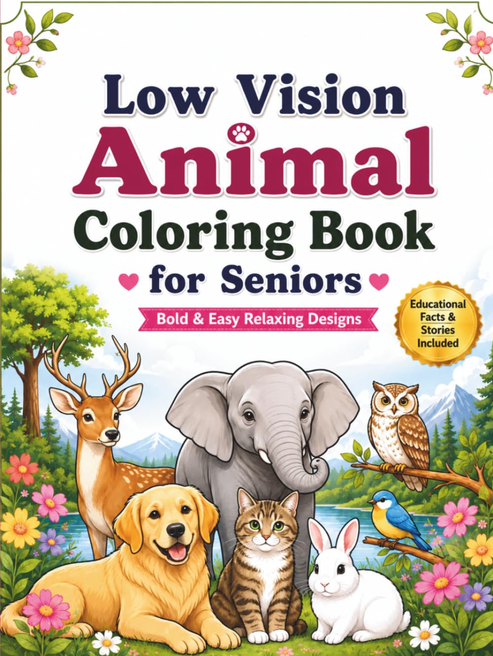 Low Vision Animal Coloring Book for Seniors: Bold & Easy Relaxing Designs with Cute, Realistic and Simple Animals for Stress Relief, Creativity and ... Beginners and Visually Impaired Colorists.