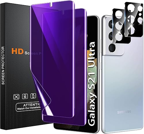 Protector de pantalla de privacidad antiluz azul para Samsung Galaxy S21 Ultra de 6.8 pulgadas con 2 protectores de lente de cámara, compatible con