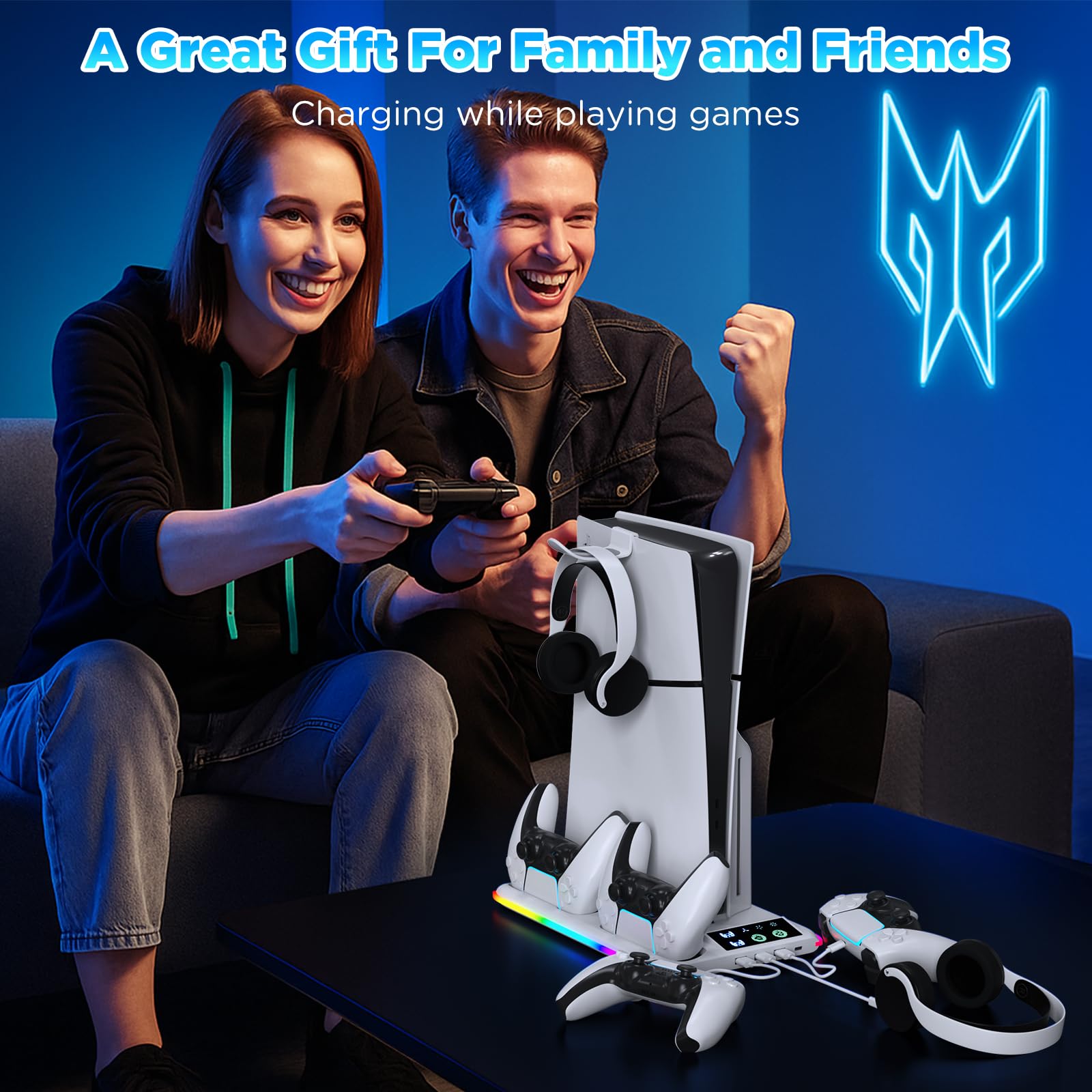 Supporto per PS5/Slim/Pro con Ventola di Raffreddamento, Ricarica Controller PS5, Base PS5 Supporto Verticale con 3 Luci RGB modes per Playstation 5 Console Edizione Disco/Digital Accessori