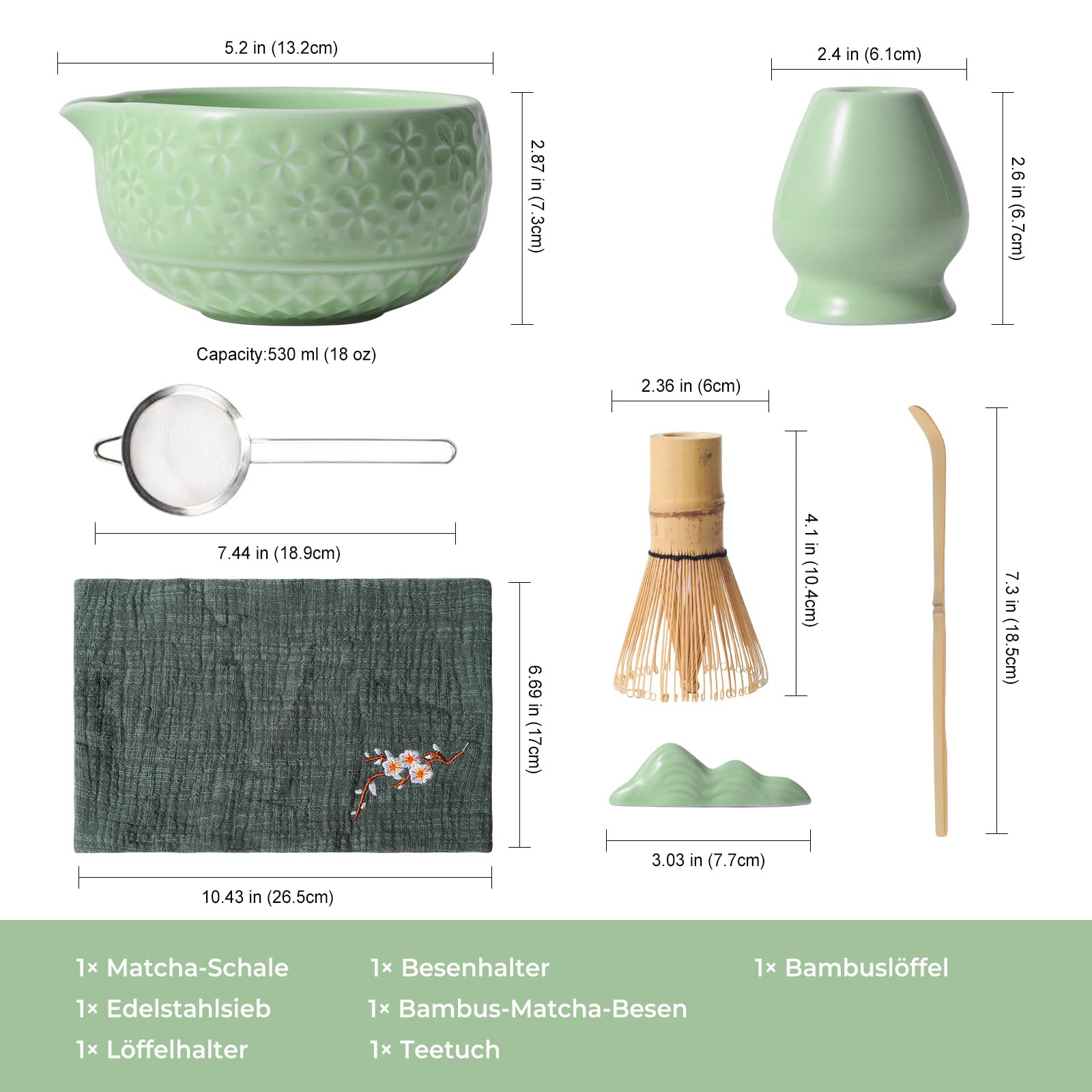 Souvik Matcha Set 7 Pezzi - Ciotola in Ceramica, Frusta Chasen, Cucchiaio di Bambù, Supporto e Accessori - Kit Matcha Tradizionale per Cerimonia del Tè - Ideale come regalo, casa o ufficio