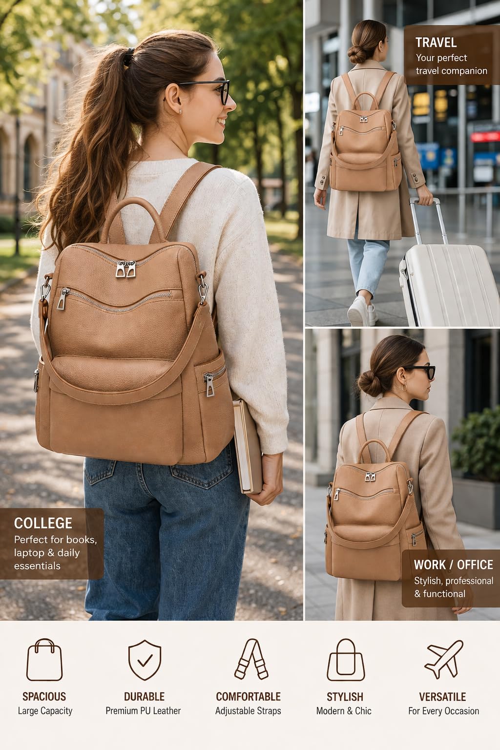 Craftwood Leather Backpack for Women | Large Capacity | College and Office use | PU Leather | shoulder bag for Ladies, (Camle) 1