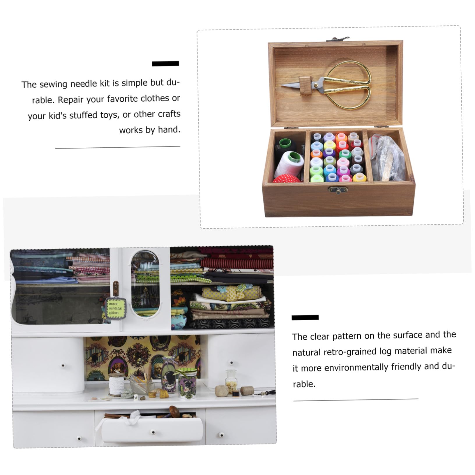 Cabilock Caja de Costura de Madera Retro para Hogar Completo con Agujas Hilos y Accesorios Organizador Seguro y Duradero para Bricolaje y Reparaciones Manuales