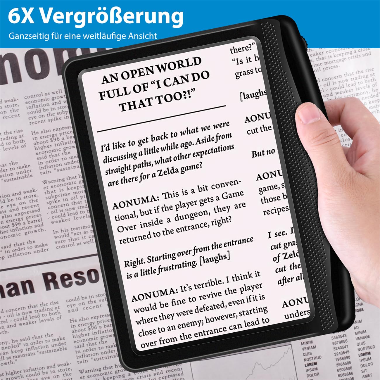 6X Lupe mit Licht, Leselupe für Senioren Groß, Wiederaufladbar Dimmbare LED-Handlupe, Leichte Buchlupe zum Lesen von Zeitungen Kleingedrucktem, Ideal Vergrößerungsglas für Sehschwäche, Hobbys