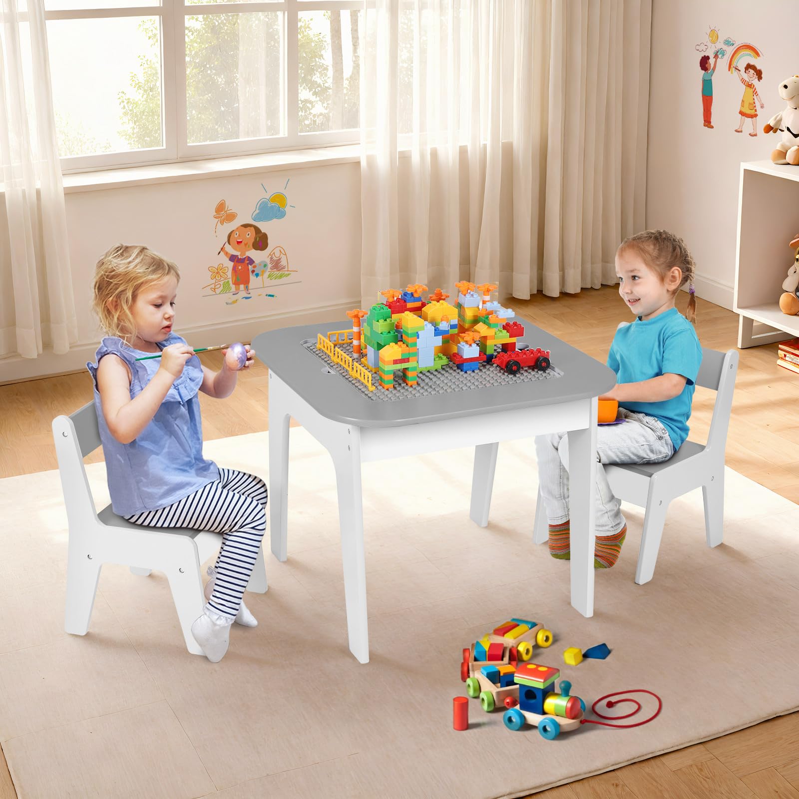 Clevich Kinder Tisch Stuhl Set, Kindersitzgarnitur, Stauraum, mit 2 PCS Stühlen, Kindersitzgruppe, Doppelseitiger Maltisch & Bauplatte, Packung mit 2 Stühlen, Kindermöbel für Kinderzimmer, Grau