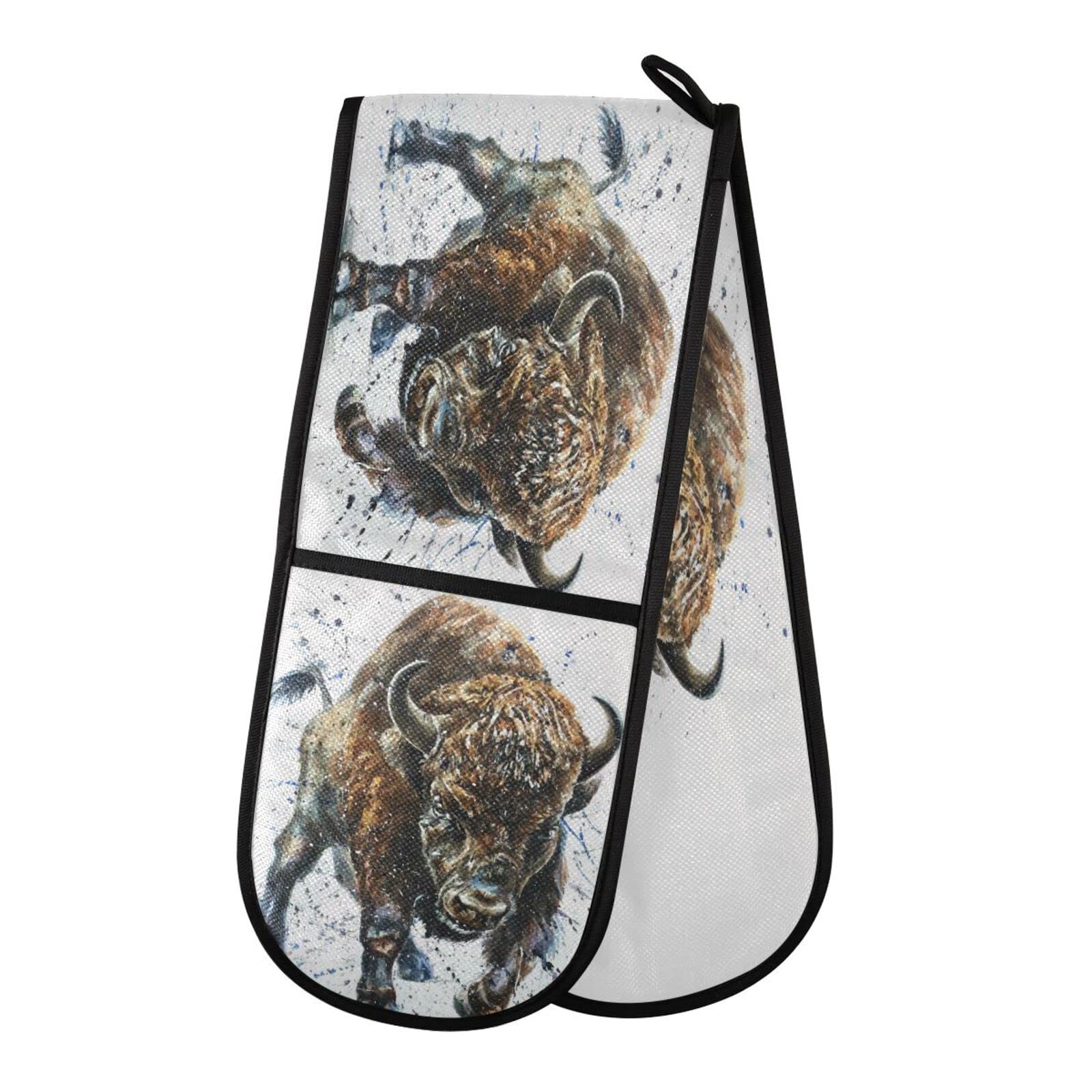 Double Oven Glove Cute Buffalo Bison Heat Resistant Double Ovens Mitt Modern Cooking Gloves Potholders — image 1