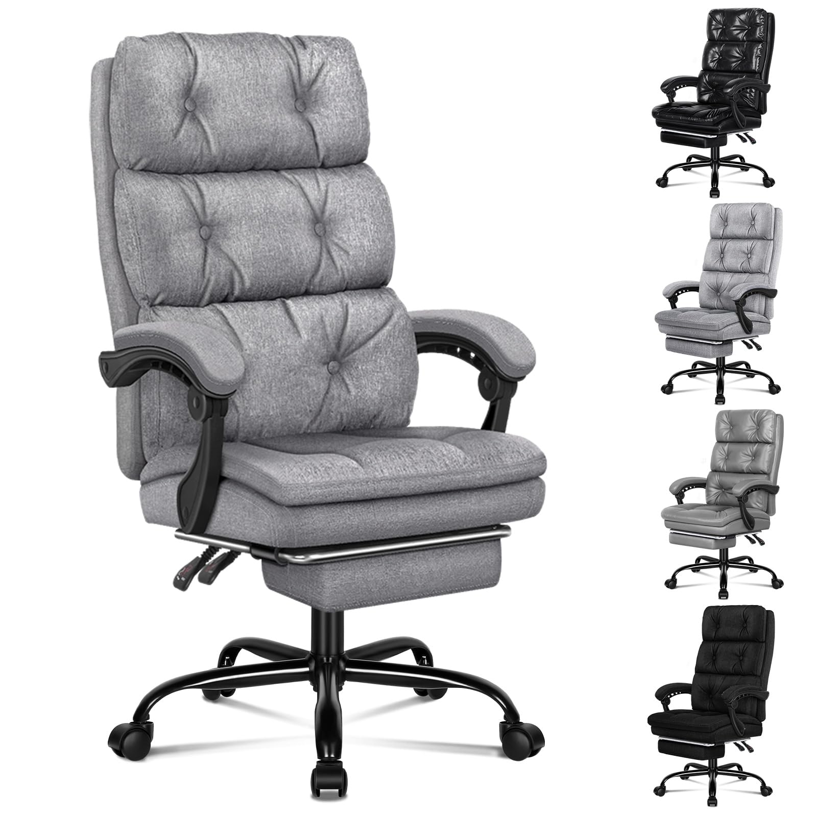 ALFORDSON Silla de Oficina Grande, Silla de Escritorio de Dos Capas con 150° de inclinación y 360° de Giro, Respaldo Alto, Silla de Trabajo giratoria con reposapiés, Tela de Lino, Tela de Lino (Gris)