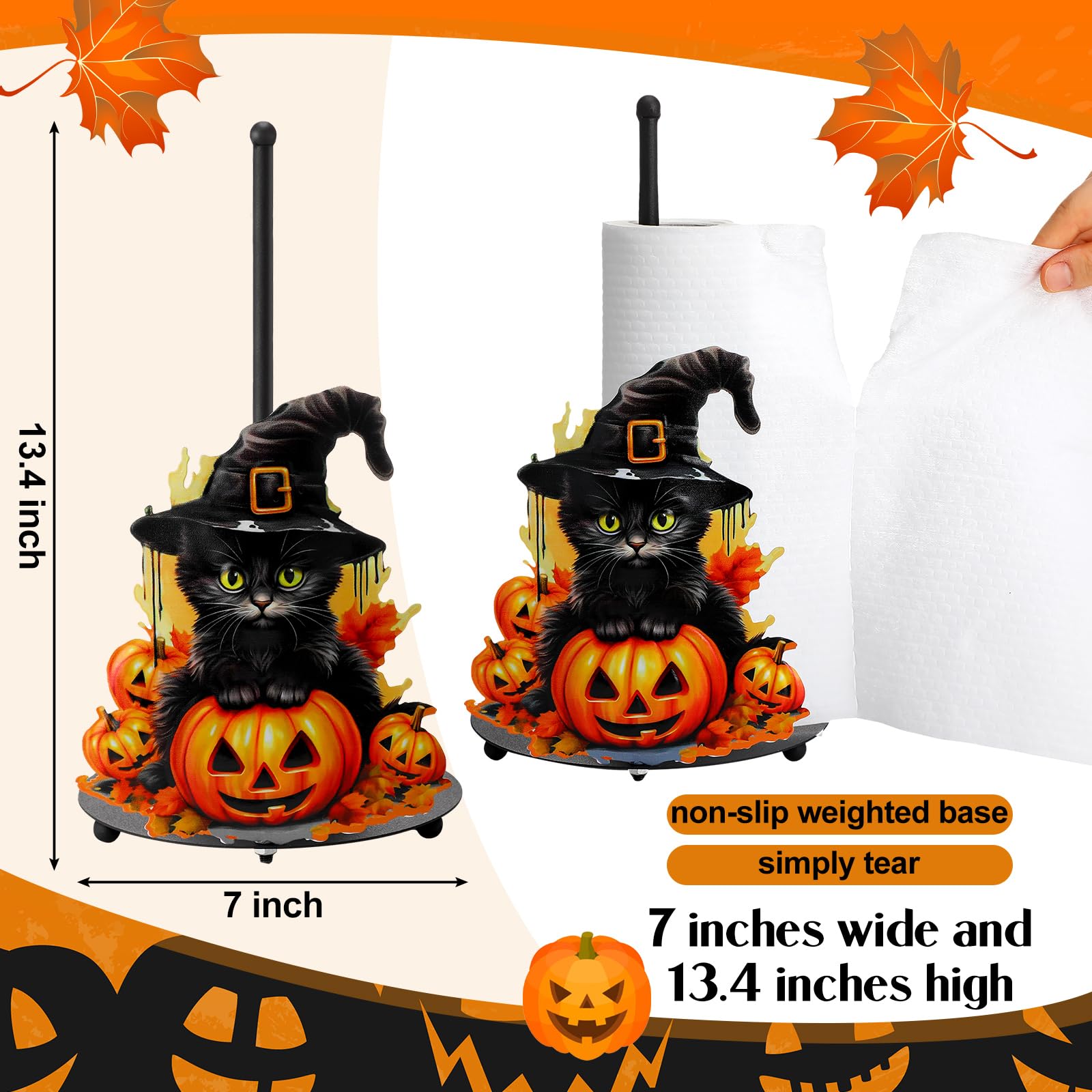 MorningRo Toallero de papel de gato negro de Halloween, accesorios de decoración de cocina, granja, Halloween, calabaza, soporte para toallas de papel para encimeras, baño, gato, calabaza