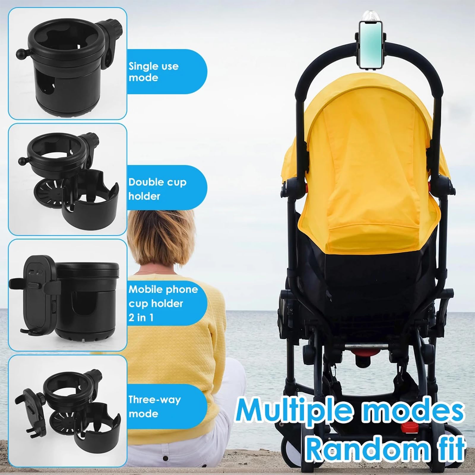 4-in-1 Universal Stroller Cup Holder with 360° Phone Mount, Adjustable Drink & Phone Holder for Strollers Wheelchairs, Bikes - Image 3