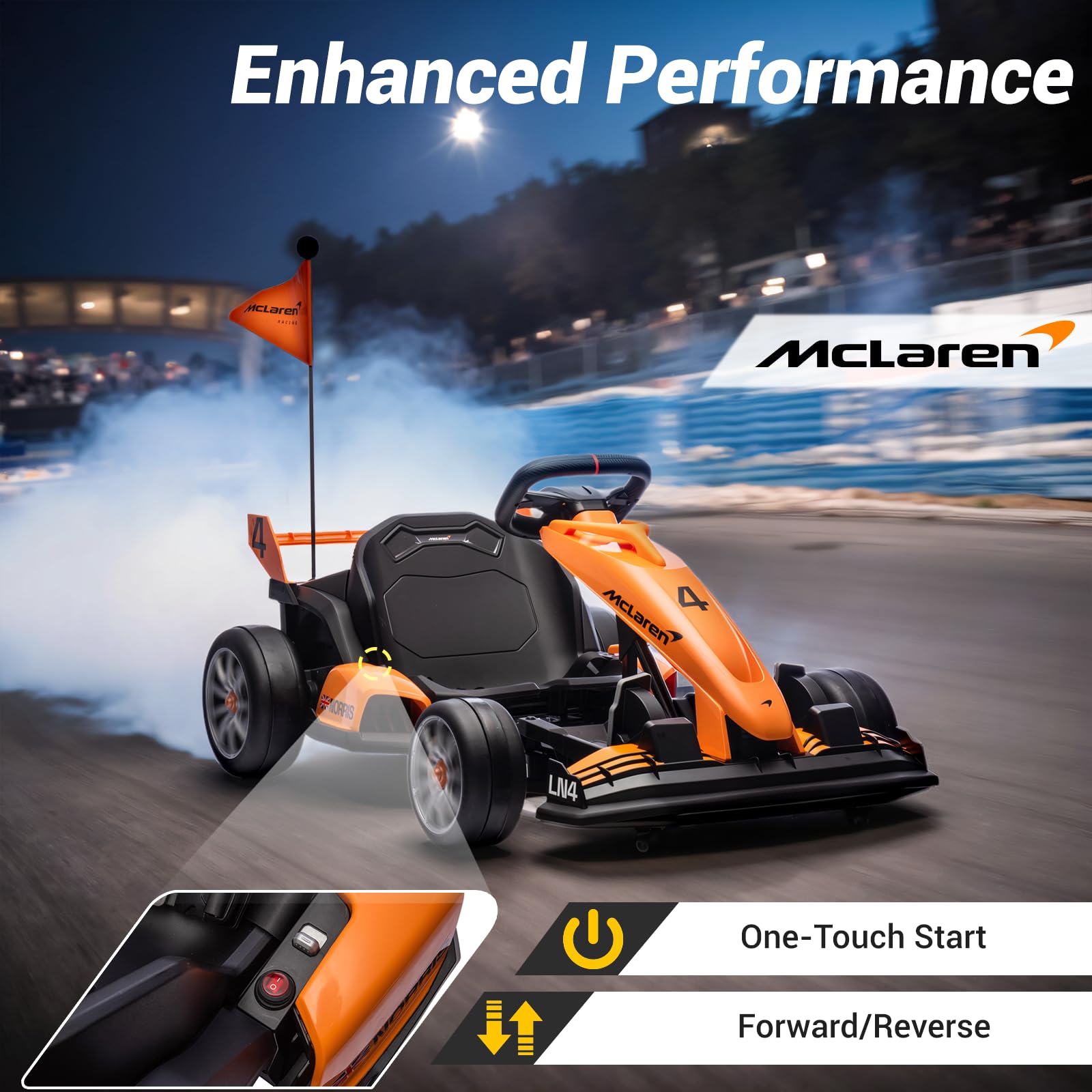 Segmart 24V Electric Go Kart, Licensed Mclaren Drift Kart, Length Adjustment, LED Light, Crazy Cart for Kids Ages 6+, 400W Motor, Max Loads 130 LBS