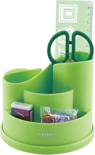 Exerz Pencil Holder/Desk Organiser with Stationery - Desk Tidy Pen Organiser - Incl. Safety Scissors (NOT Sharp), Ruler, Eraser, Clips - Green