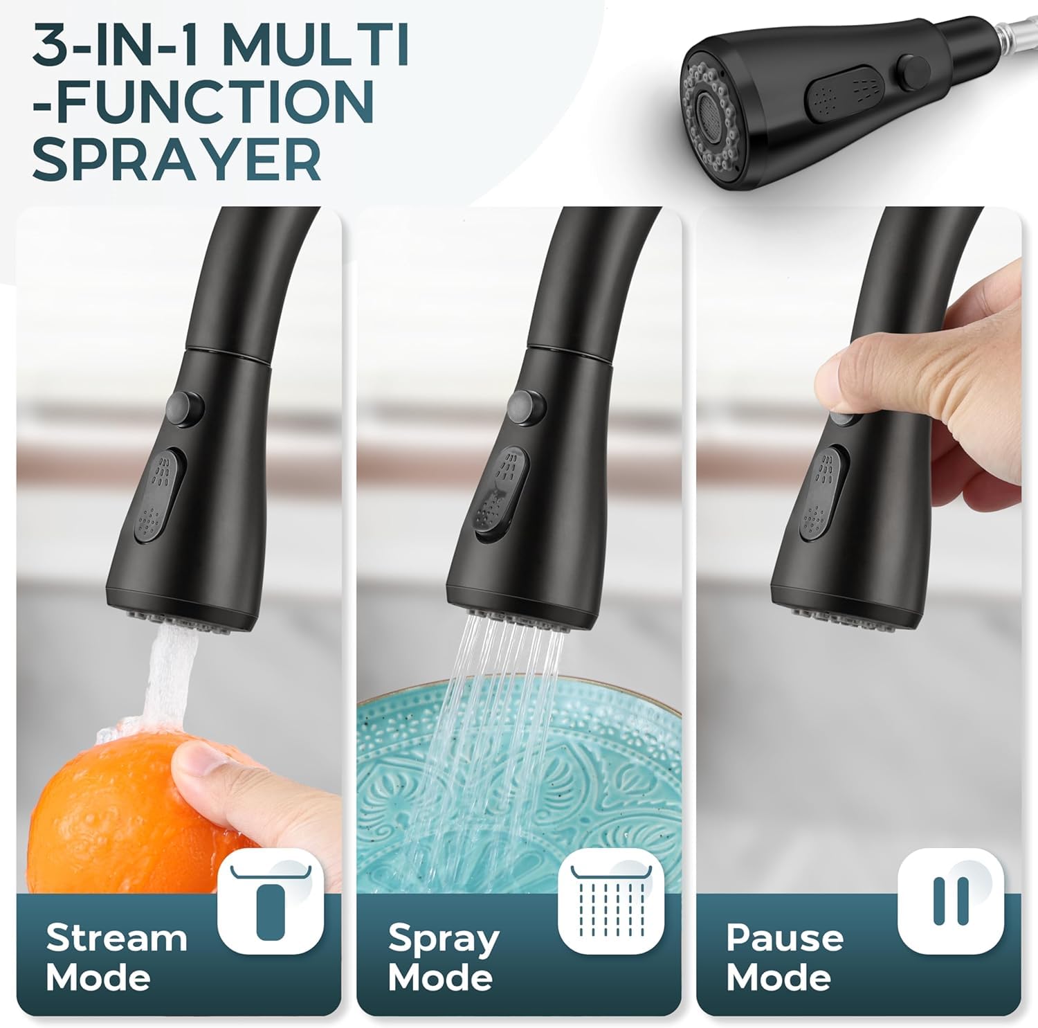 Rubinetto Lavello Cucina - Rubinetto Cucina con Doccetta Estraibile a 3 Modalità, Monocomando Miscelatore Cucina Nero, Alta Pressione Rubinetto Lavello Cucina Girevole a 360°, Rubinetti Cucina