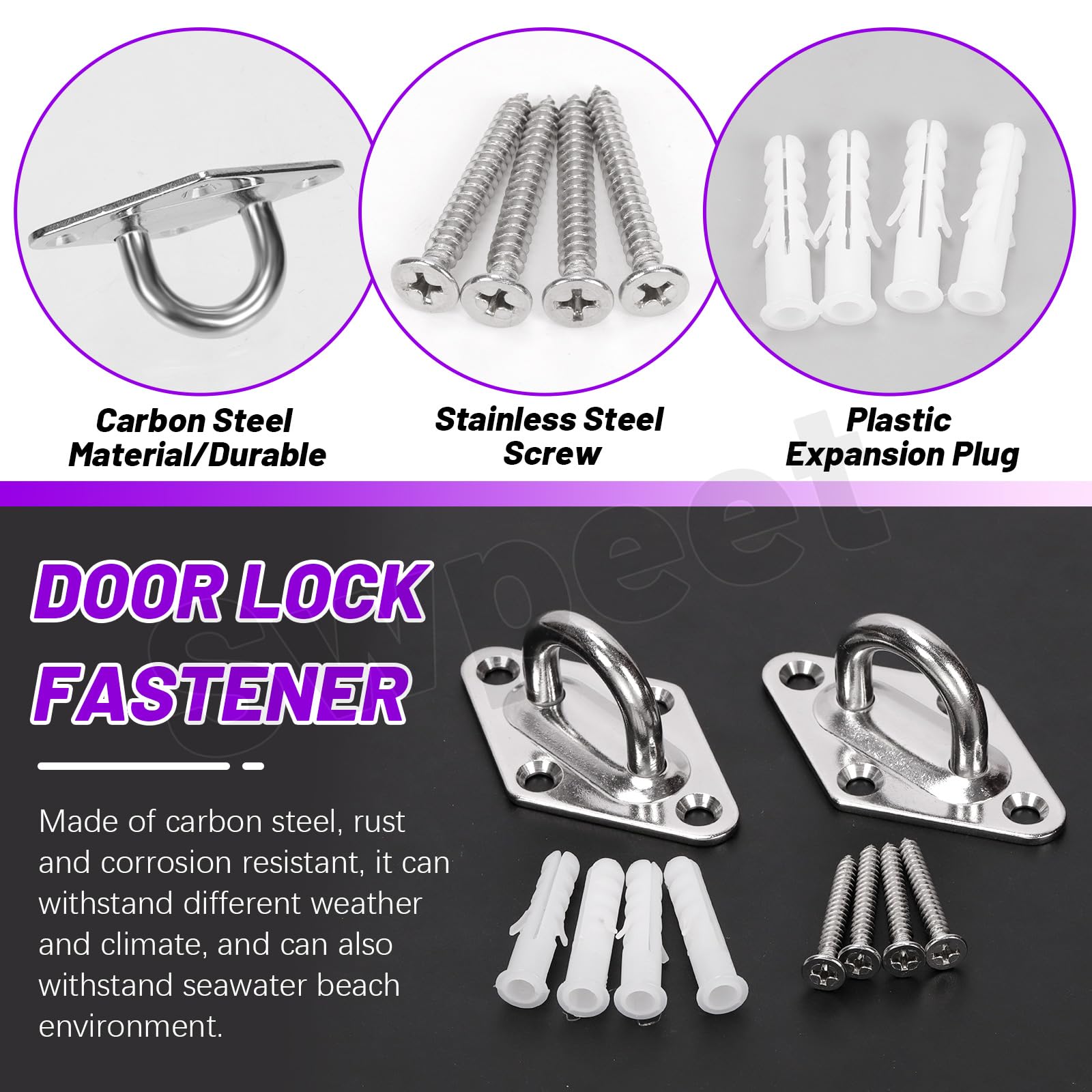 4 Heavy-Duty 304 Stainless Steel Pad Eye Hooks With Screws & Tubes – For Hanging Hammocks, Swings, & Gear (400lb Load) - View #3