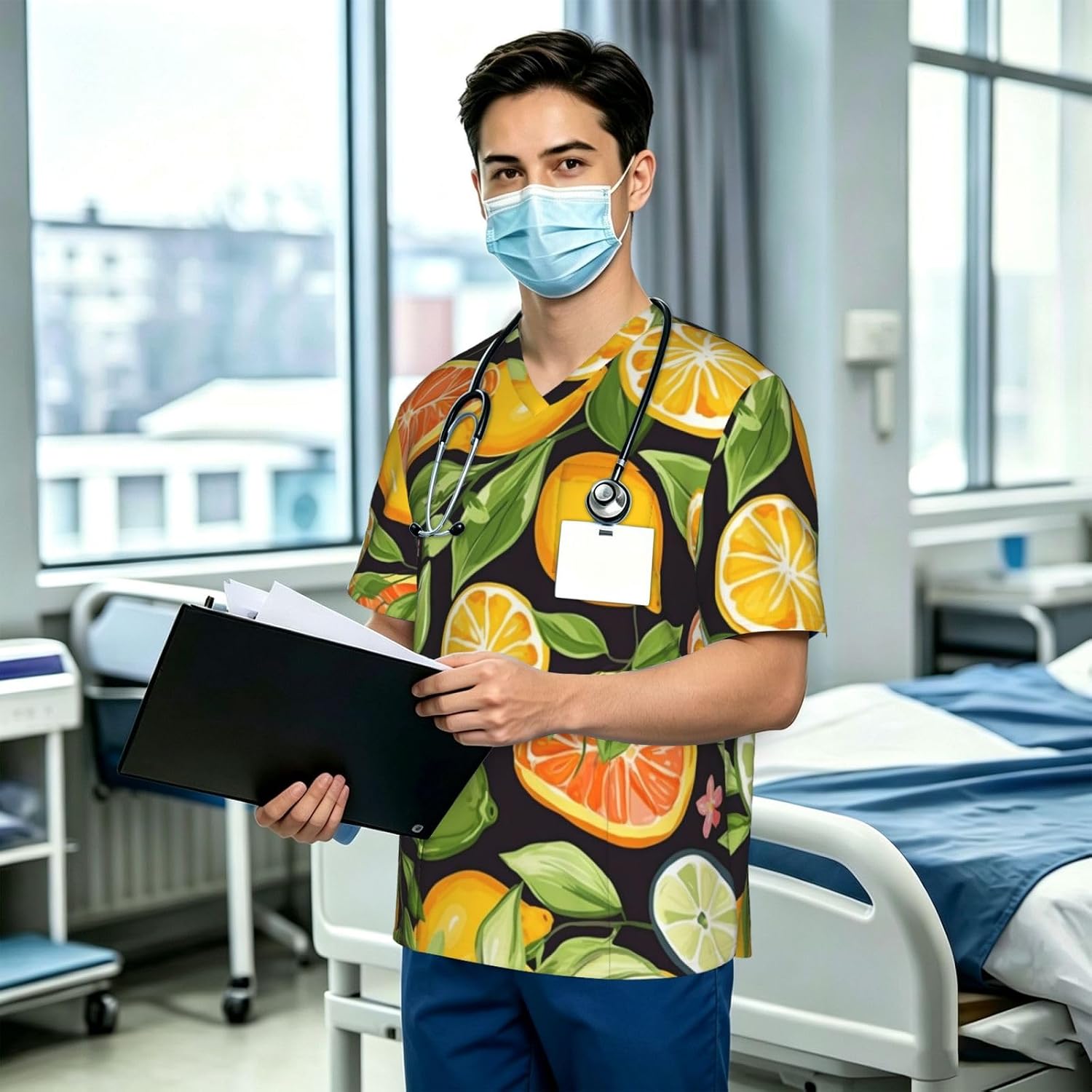 Professional Scrub Tops for Men, Classic V-Neck Workwear with 3 Pockets
