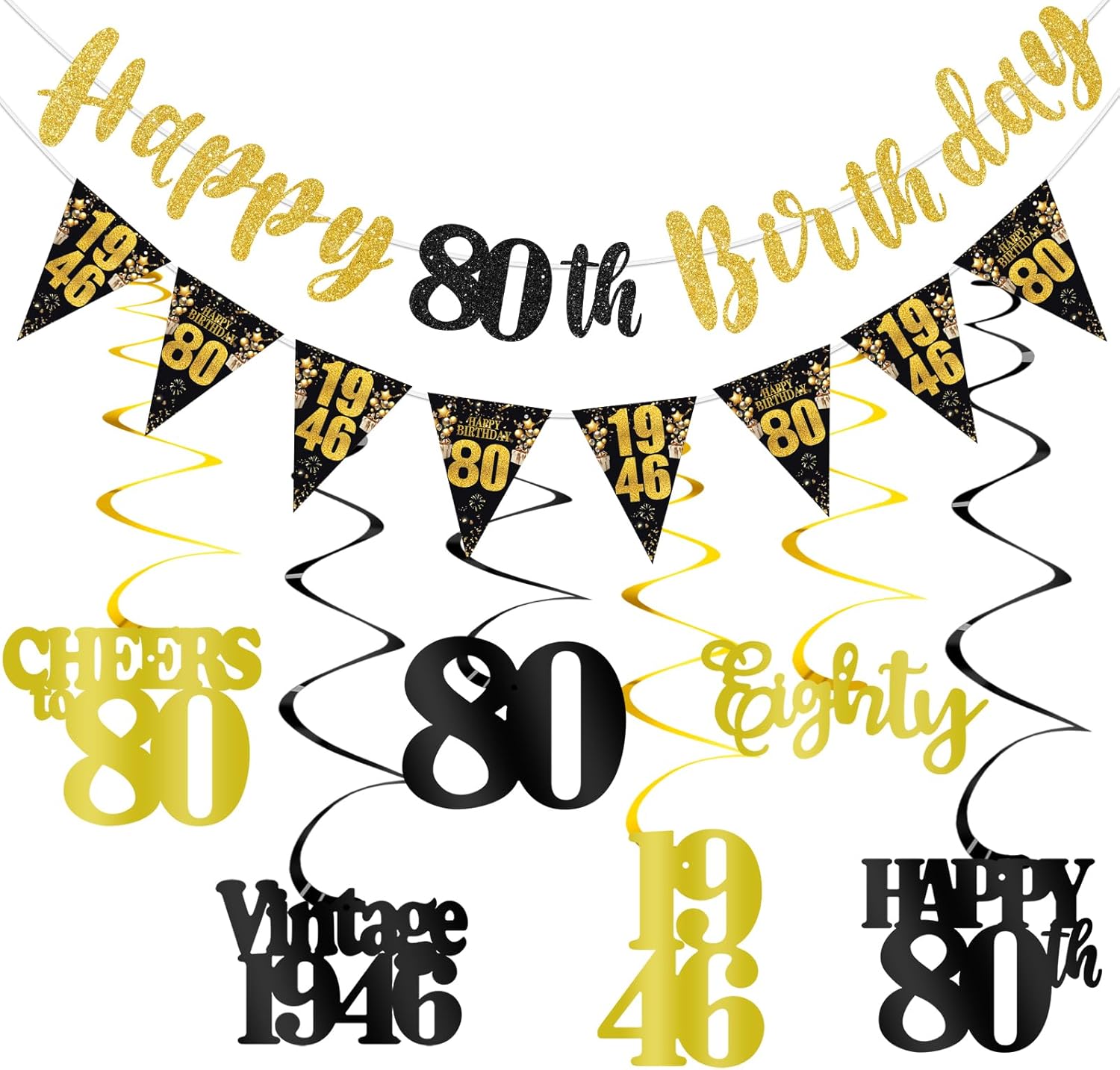 80th Birthday Decorations for Men Women, Black Gold Happy 80th Birthday Banner Hanging Swirls Vintage 1946 Decorations Kit Cheers to 80 Party Supplies