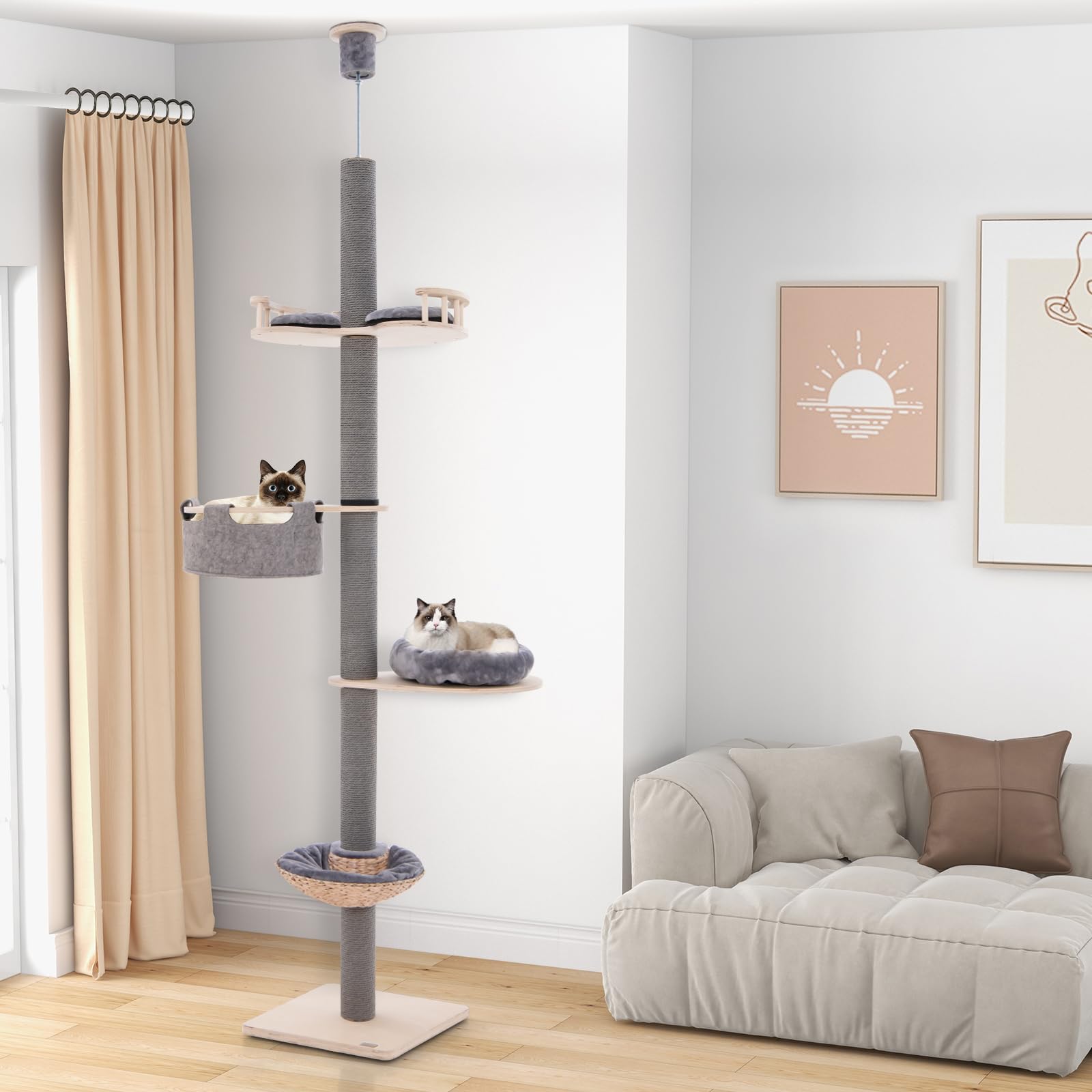 GOPLUS Árbol de Gato de Suelo al Techo, Altura Ajustable 236-271 cm, Grande Árbol de Gato de 5 Niveles con Poste Rascador Trampolín Cama Tipo Cesta Hamaca