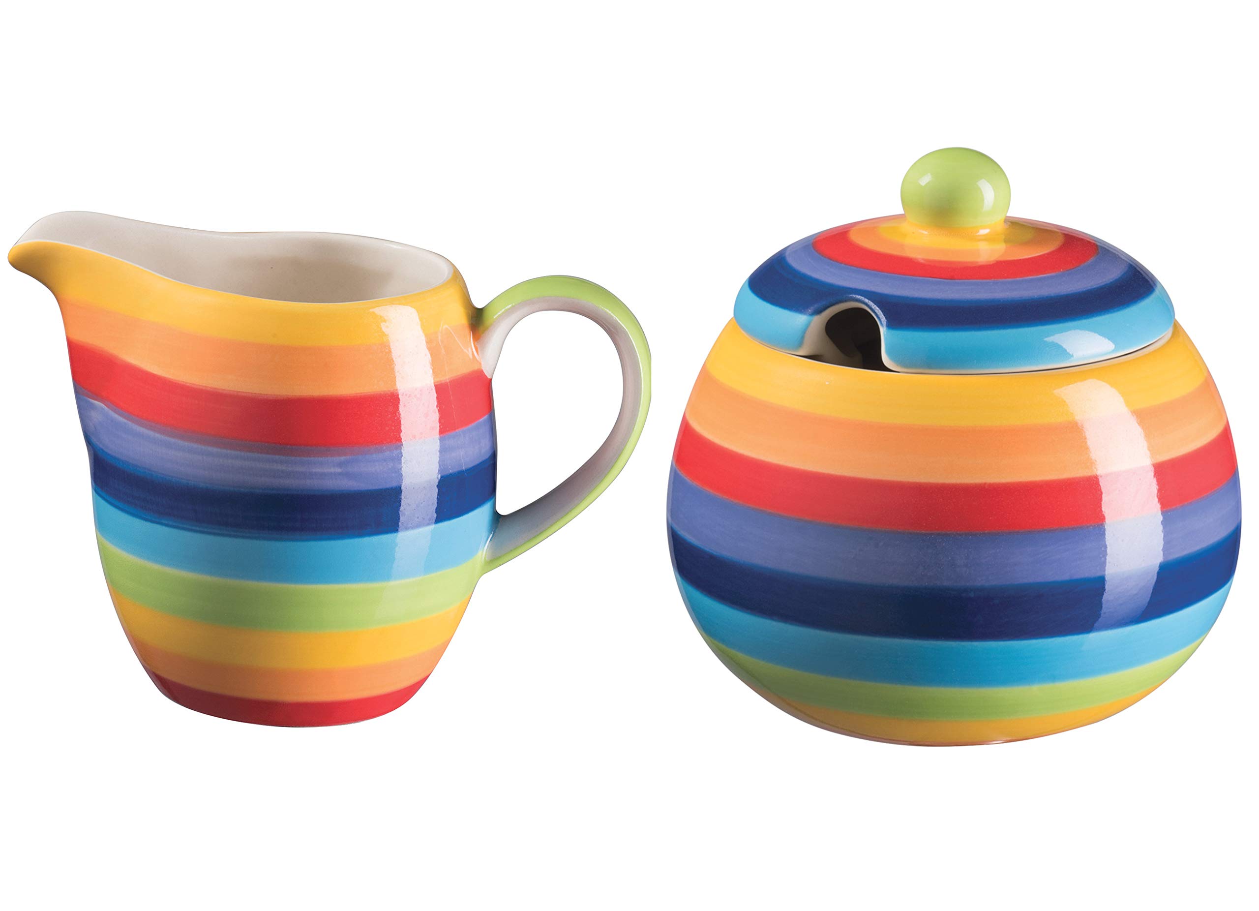 Hand Painted Rainbow Stripe Sugar Bowl and Jug Set