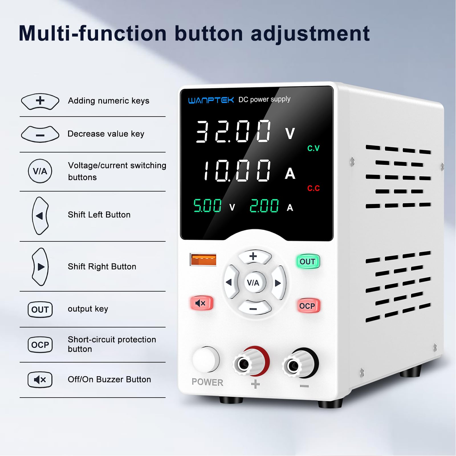 Alimentation Laboratoire 30V 10A, Variable avec Bouton Ajustable, Stabilisée OCP/Bouton de Sortie/Charge Rapide USB 18W / Mode Silencieux