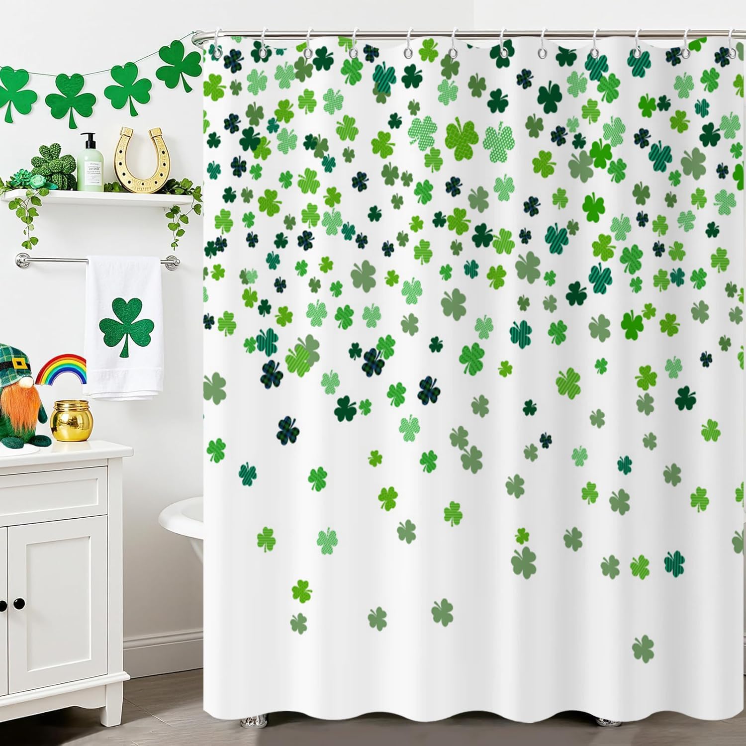 St. Patrick's Day Clover Shower Curtain, Shamrock Irish Fabric Bathroom Curtain Waterproof Machine Washable with 12 Hooks, Green Clover-1, 78''Lx72''W (GCI-9966)