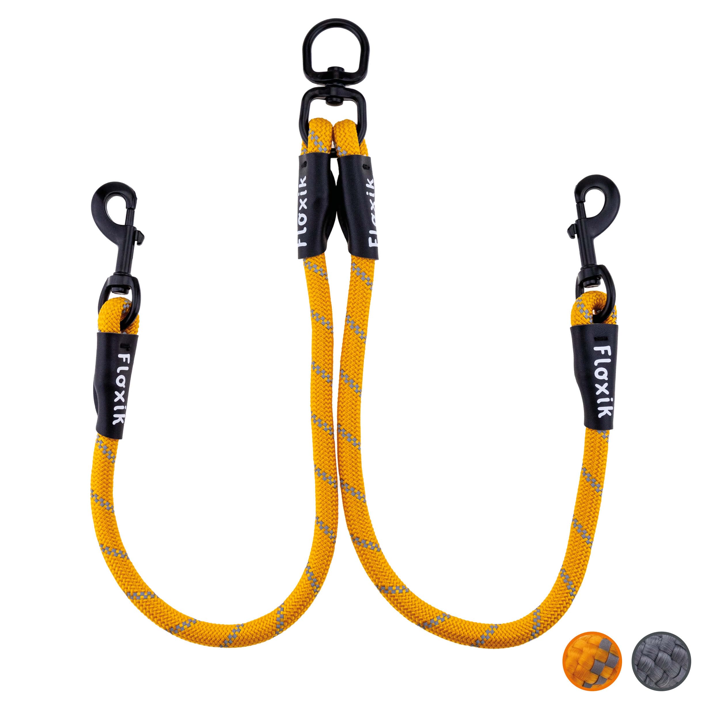 Floxik Laisse double pour 2 chiens gris/orange - Réfléchissante, extensible et anti-enchevêtrement - Laisse double pour chien à coupler - Parfaite pour les chiens de petite à moyenne taille