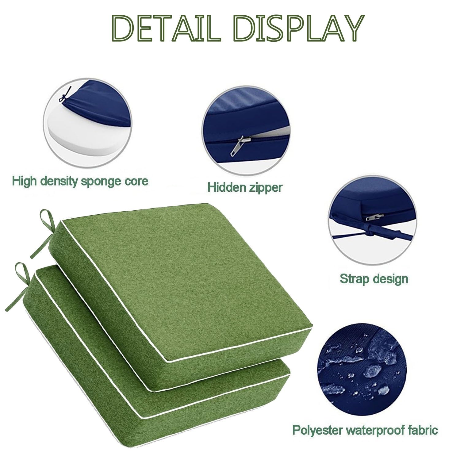 Set di 2 cuscini impermeabili per esterni, con laccetti, colori resistenti allo sbiadimento, per patio, giardino, divano, 20x20x4in / 51 x 51 x 10 cm